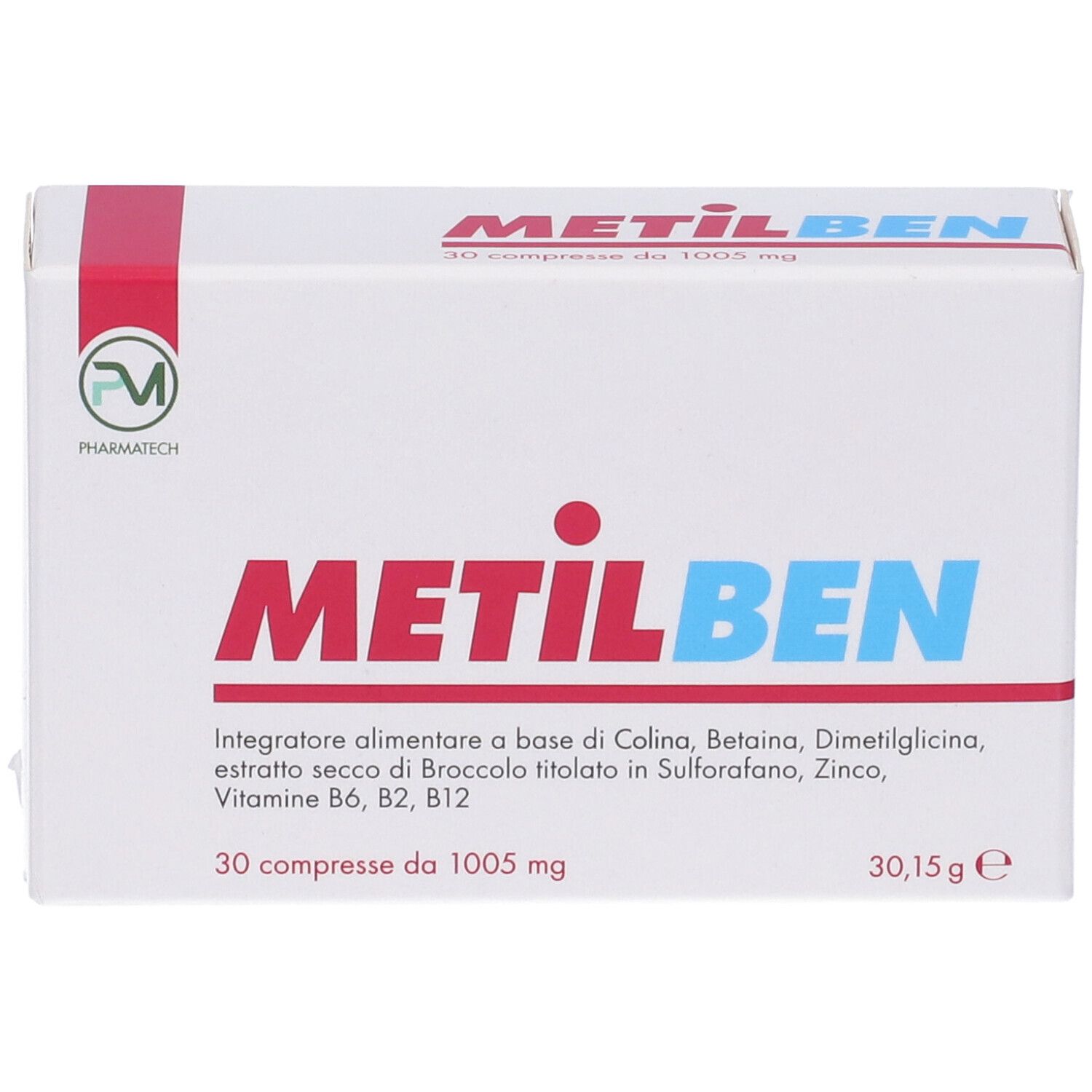 Scatola bianca con testo rosso e blu. Scritto: METILBEN, 30 compresse da 1005 mg. Logo Pharmatech. Testo in italiano.