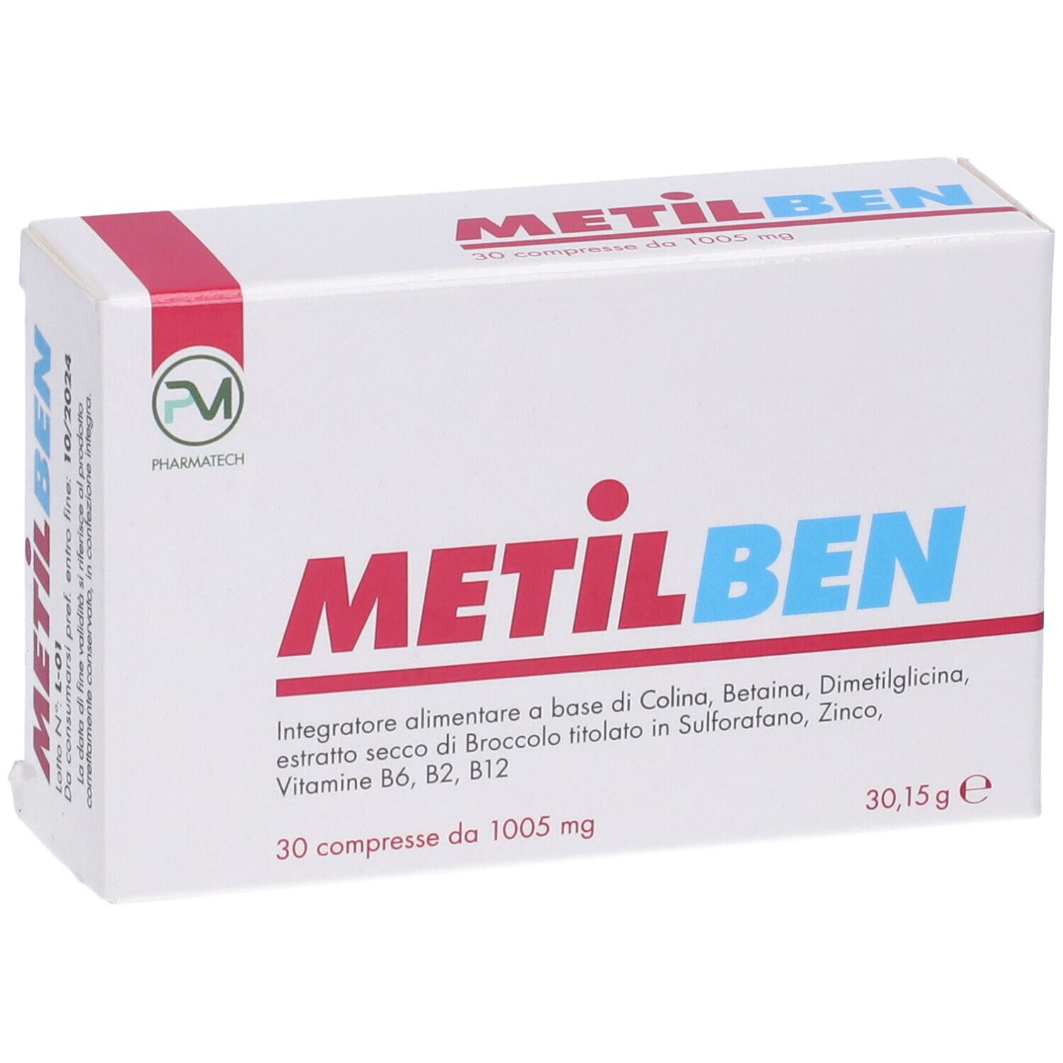 Scatola bianca con testo rosso e blu. Scritto: METILBEN, 30 compresse da 1005 mg. Logo Pharmatech. Testo in italiano.