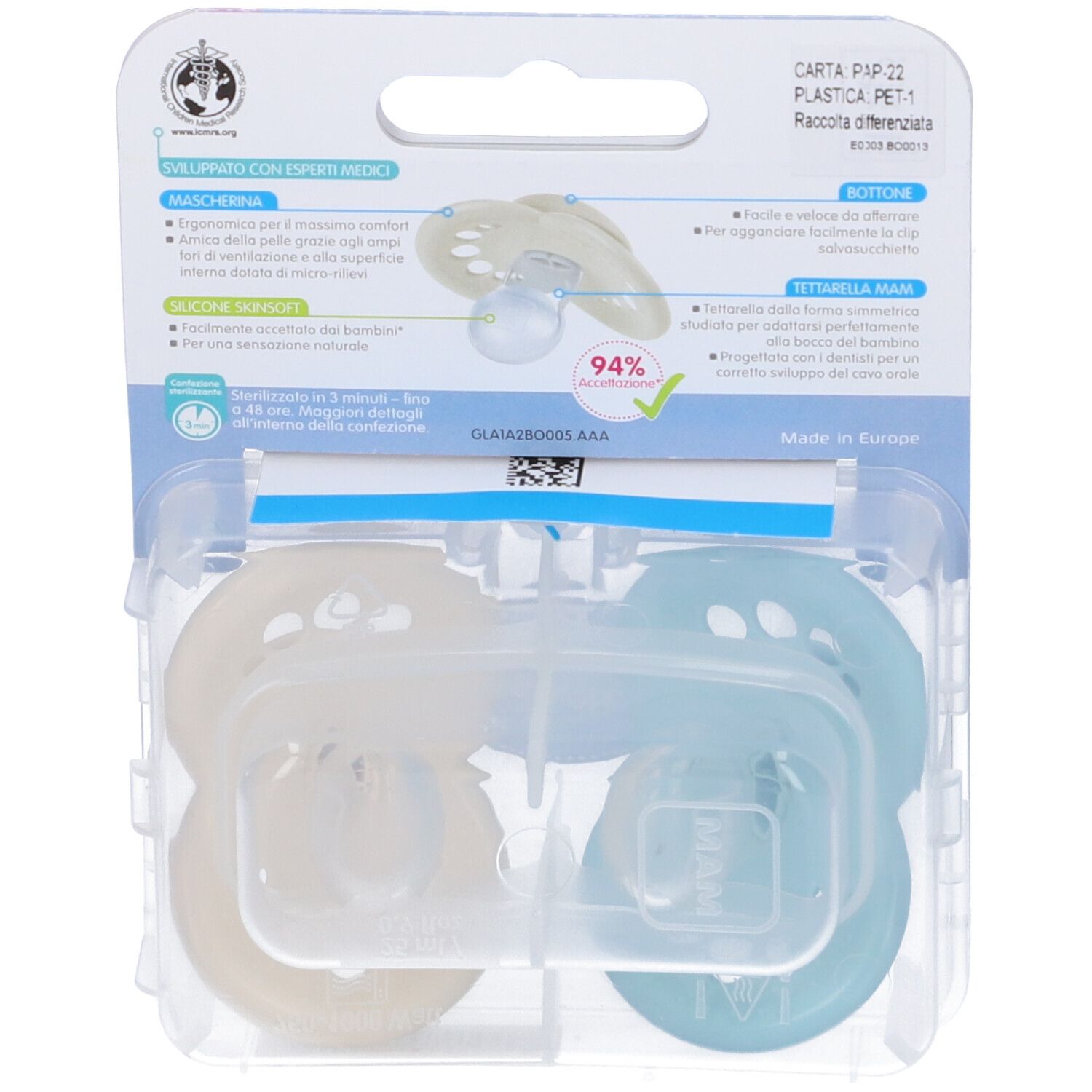 Retro della confezione blister con due ciucci. Ciuccio in silicone crema e azzurro chiaro. MAM Original 6+ mesi.