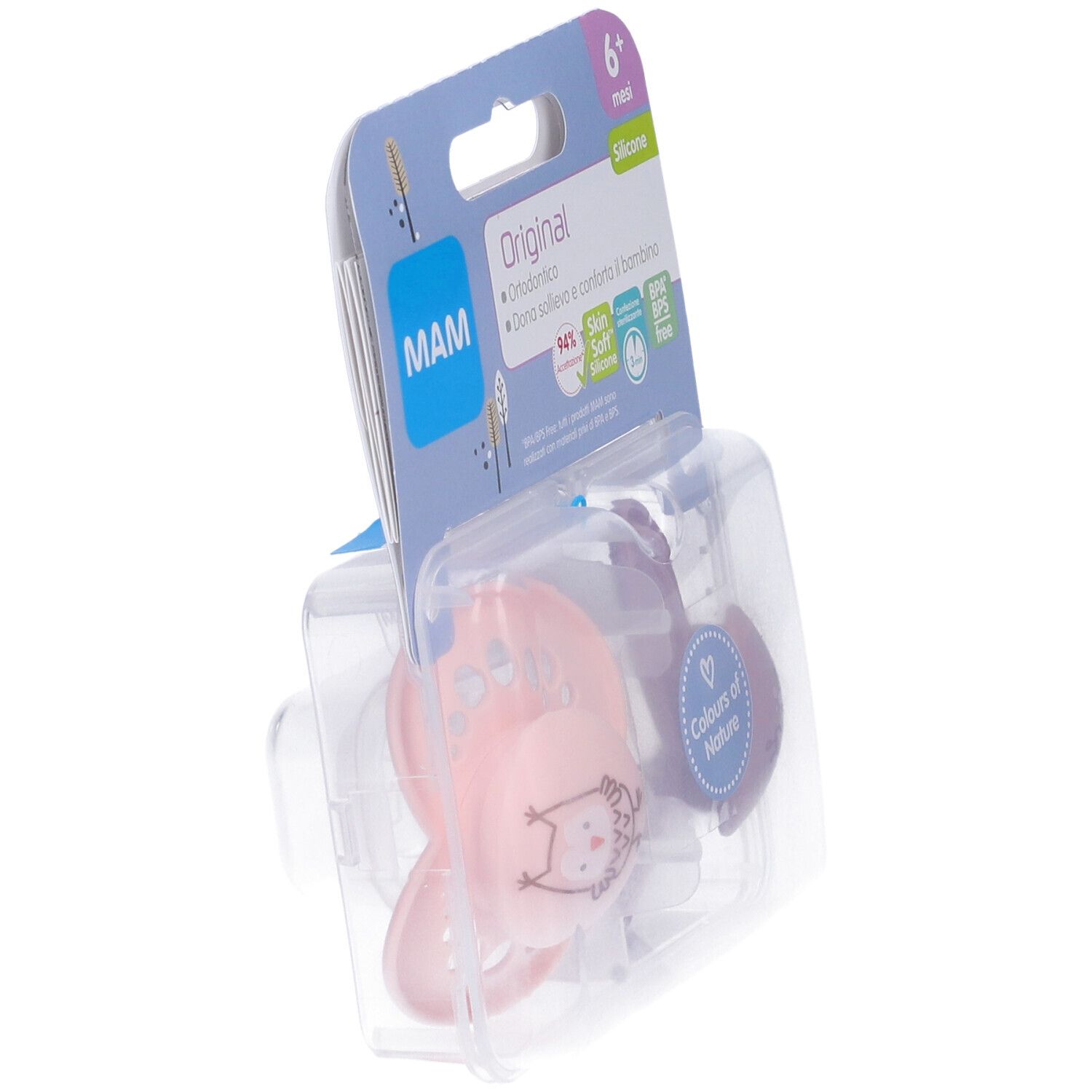 Due succhietti MAM Original 6+ mesi in confezione. Silicone rosa e viola. Confezione trasparente. Logo MAM visibile.