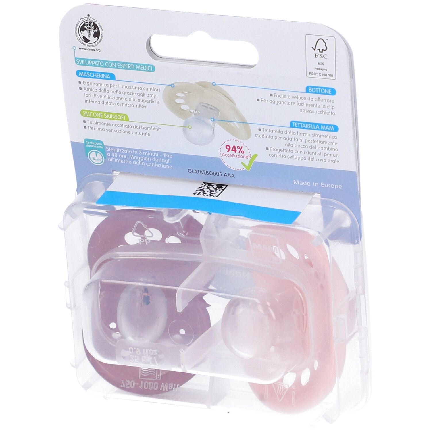 Retro confezione con due succhietti MAM. Informazioni su materiali e certificazioni. Succhietti rosa e viola.