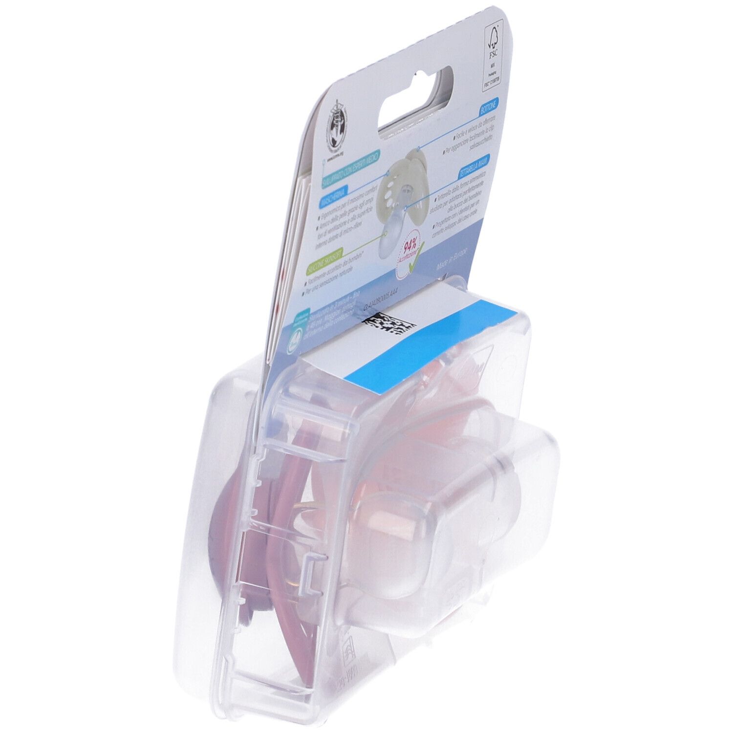 Confezione con due succhietti MAM. Silicone rosa e viola. Età 6+ mesi. Confezione trasparente.