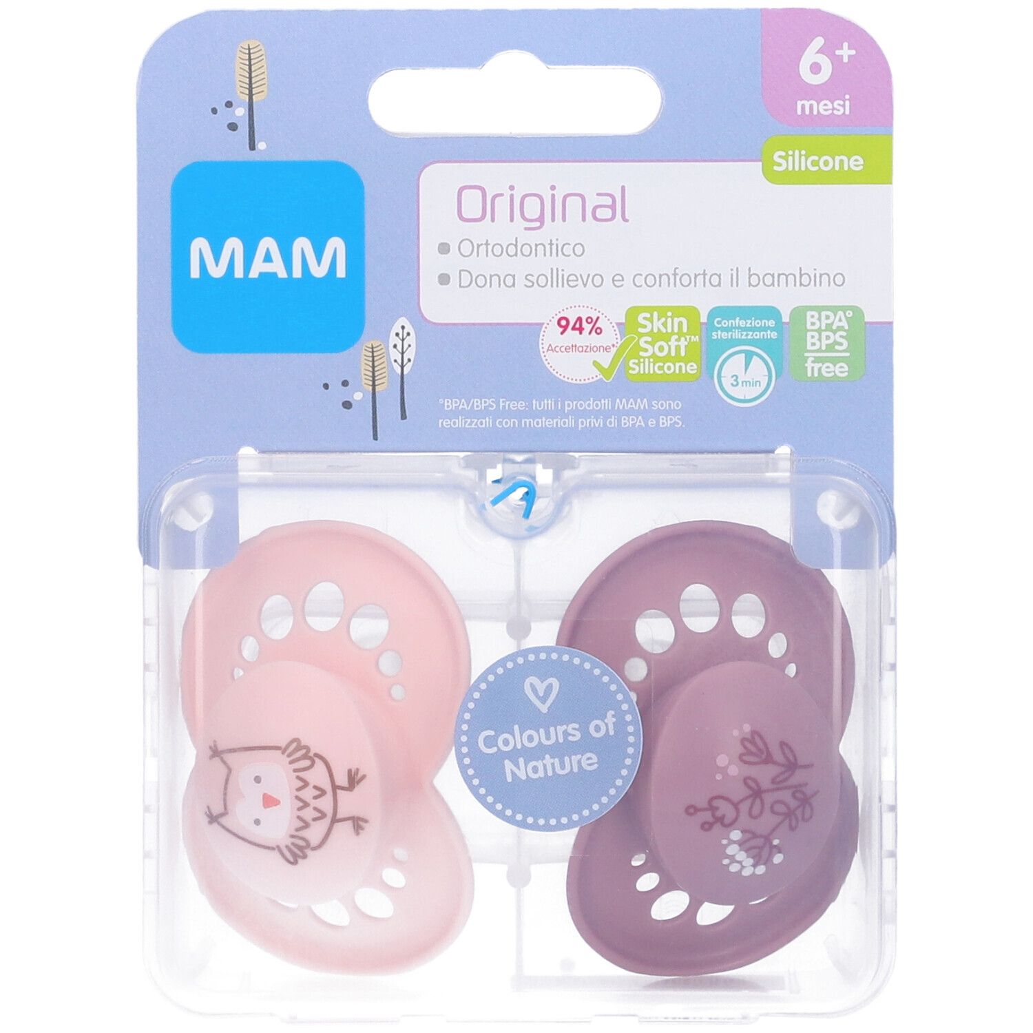 Due succhietti MAM Original 6+ mesi in confezione. Silicone rosa e viola. Confezione trasparente. Logo MAM visibile.