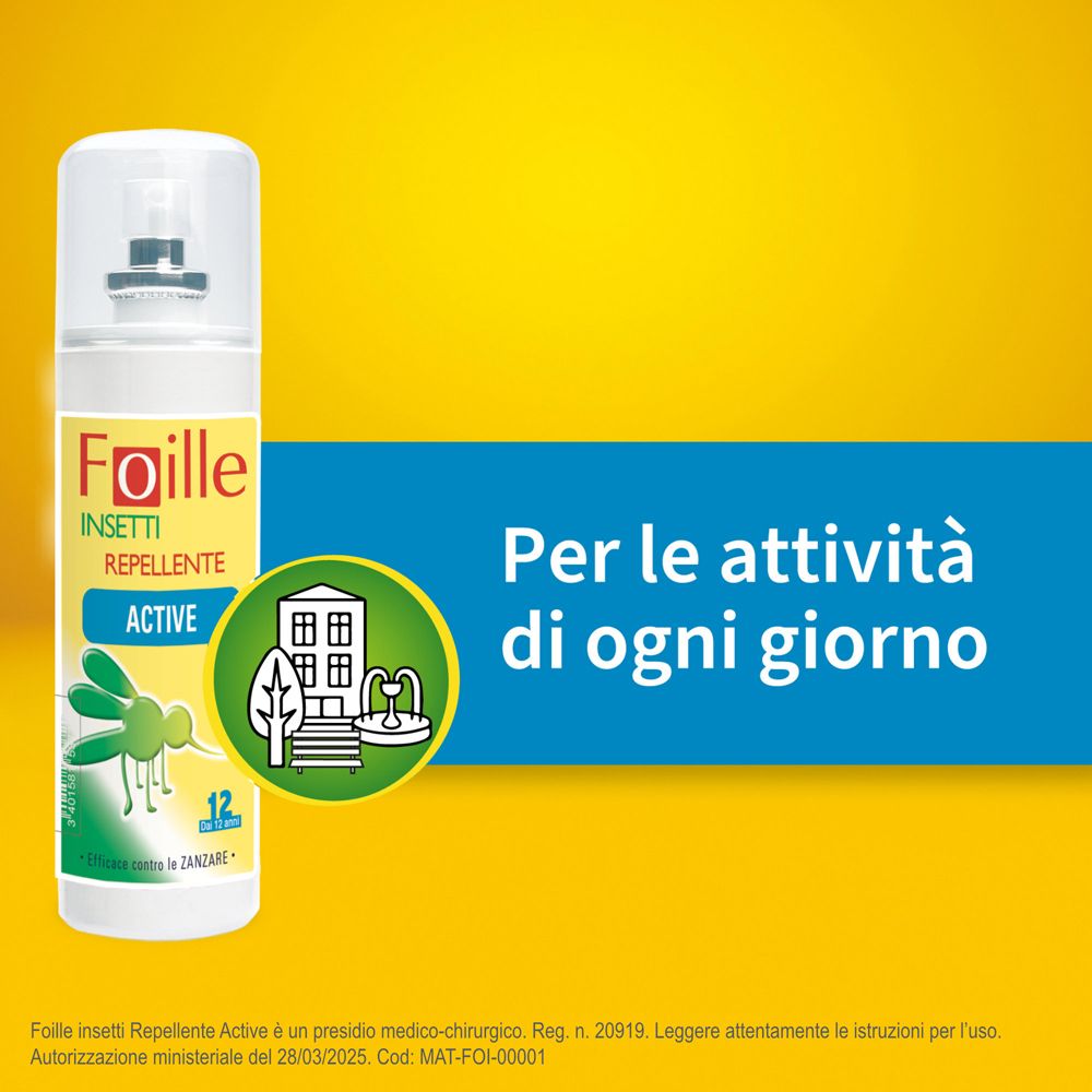 Pubblicità con spray Foille Insetti Repellente. Sfondo giallo. Testo: Per le attività di ogni giorno.
