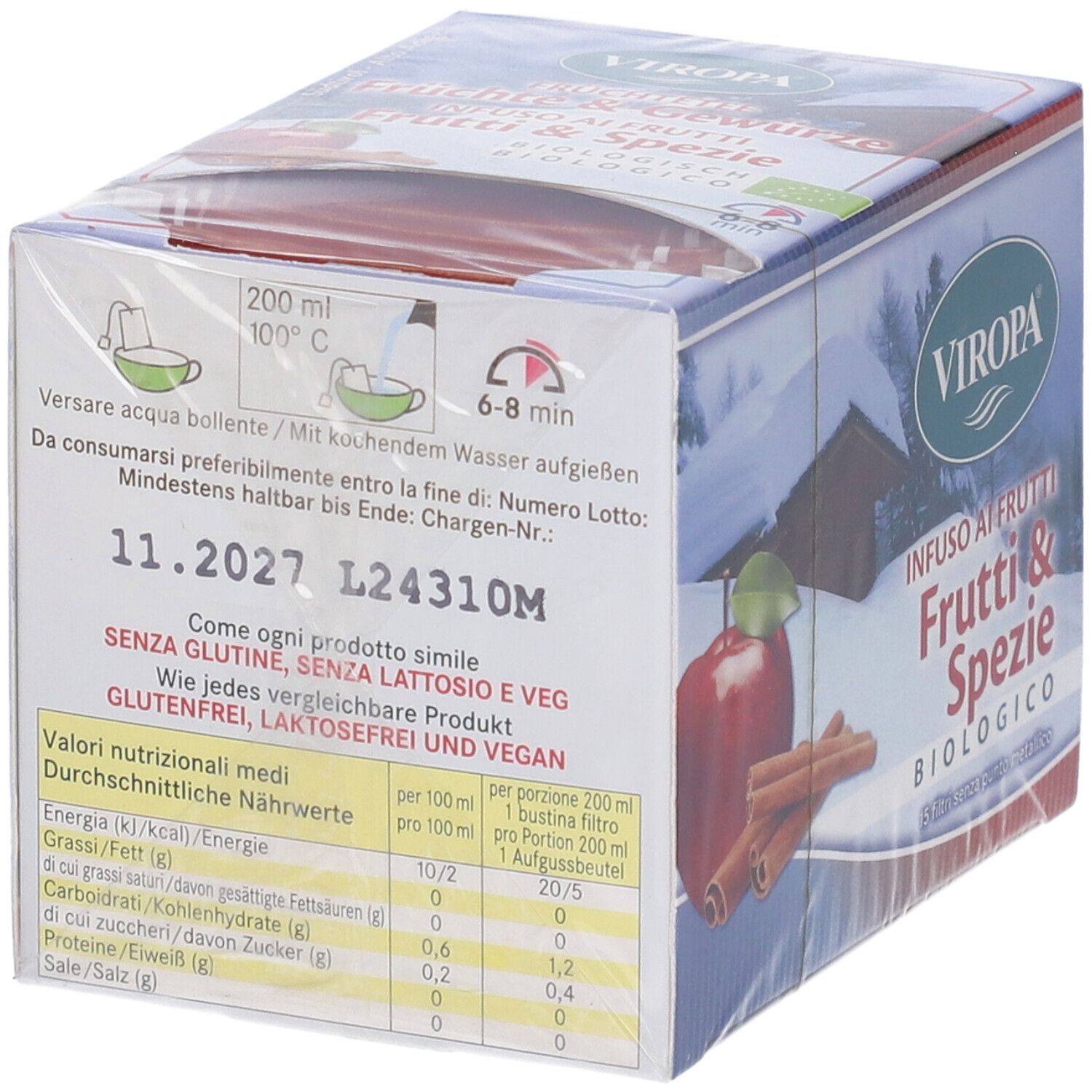 Confezione Viropa Infuso. Retro con informazioni nutrizionali, istruzioni per la preparazione e data di scadenza. Testo: Senza Glutine, Lattosio e Veg.