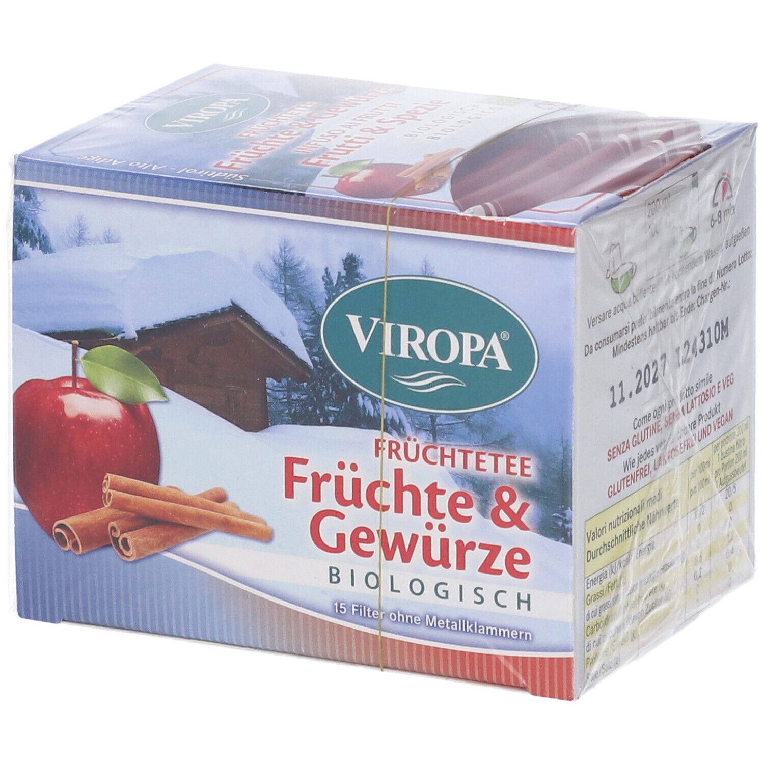 Confezione Viropa Infuso. Illustrazione di mela e bastoncini di cannella. Testo: Früchtetee Früchte & Gewürze Biologisch. 15 Filtri senza punti metallici.