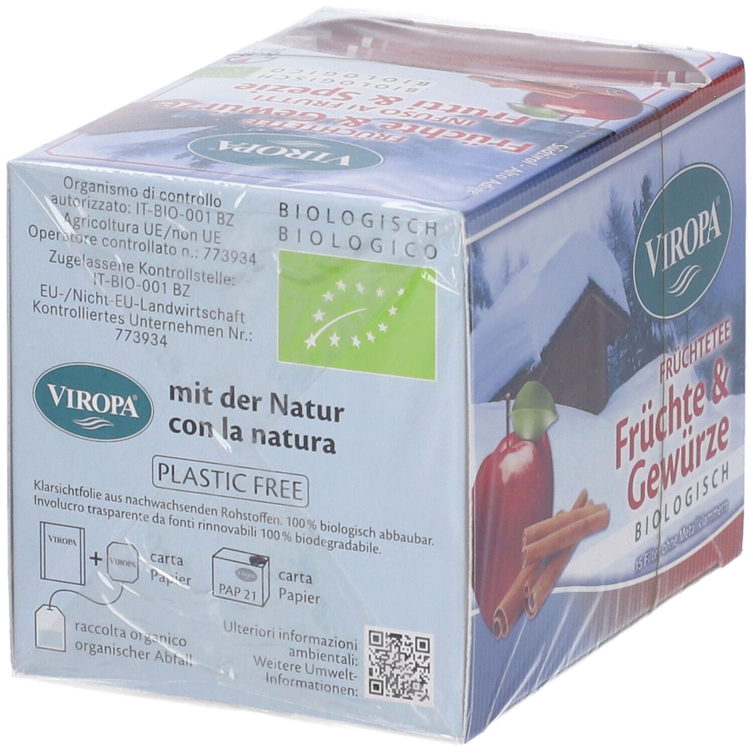 Confezione Viropa Infuso. Retro con certificazioni e testo: mit der Natur con la natura. Plastic Free. Carta PAP 21.