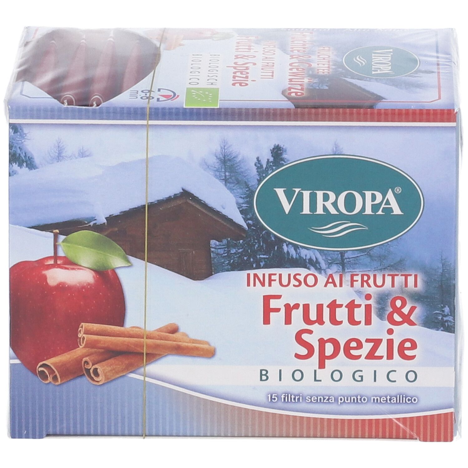 Confezione Viropa Infuso. Illustrazione di mela e bastoncini di cannella. Testo: Infuso ai Frutti Frutti & Spezie Biologico. 15 Filtri senza punti metallici.
