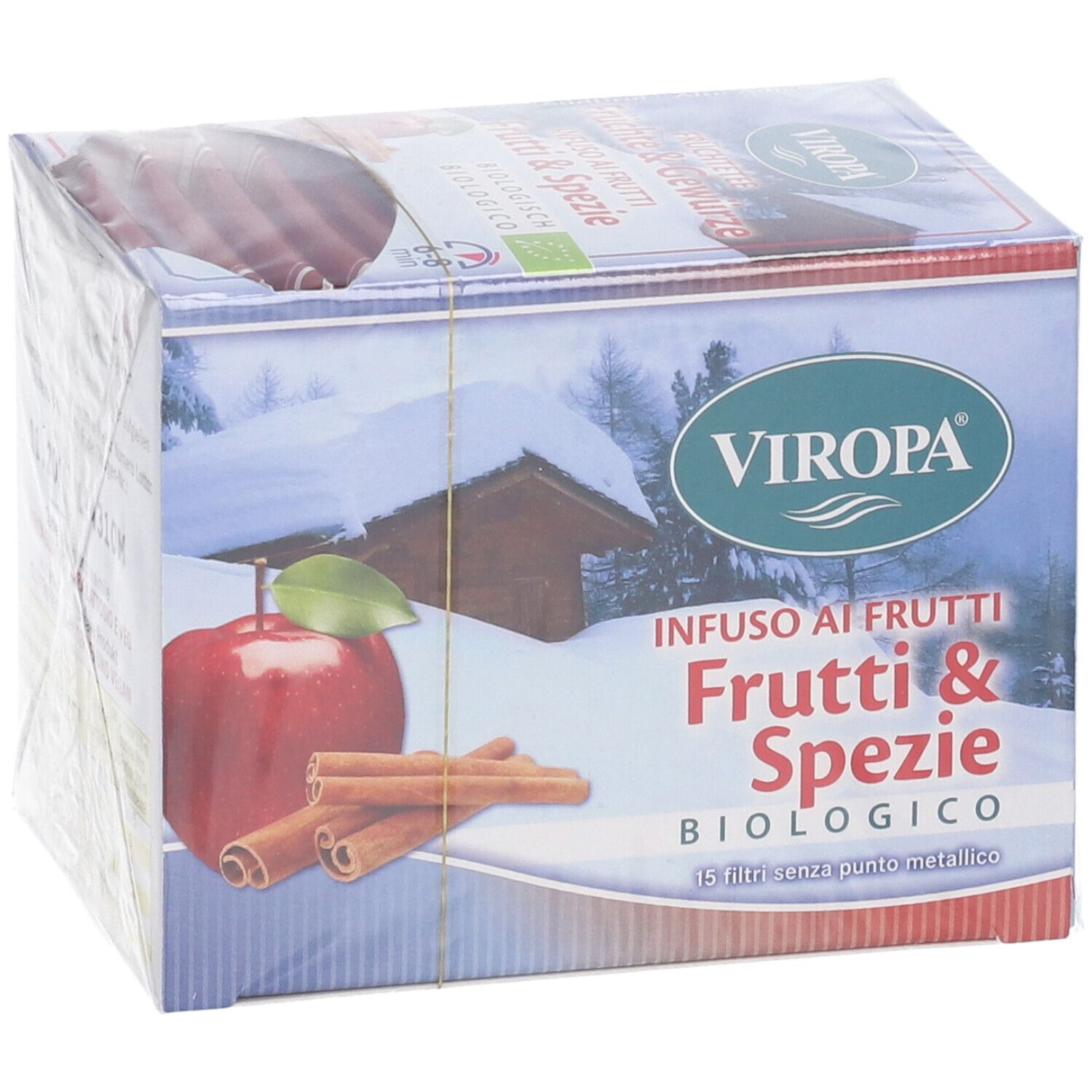 Confezione Viropa Infuso. Illustrazione di mela e bastoncini di cannella. Testo: Infuso ai Frutti Frutti & Spezie Biologico. 15 Filtri senza punti metallici.