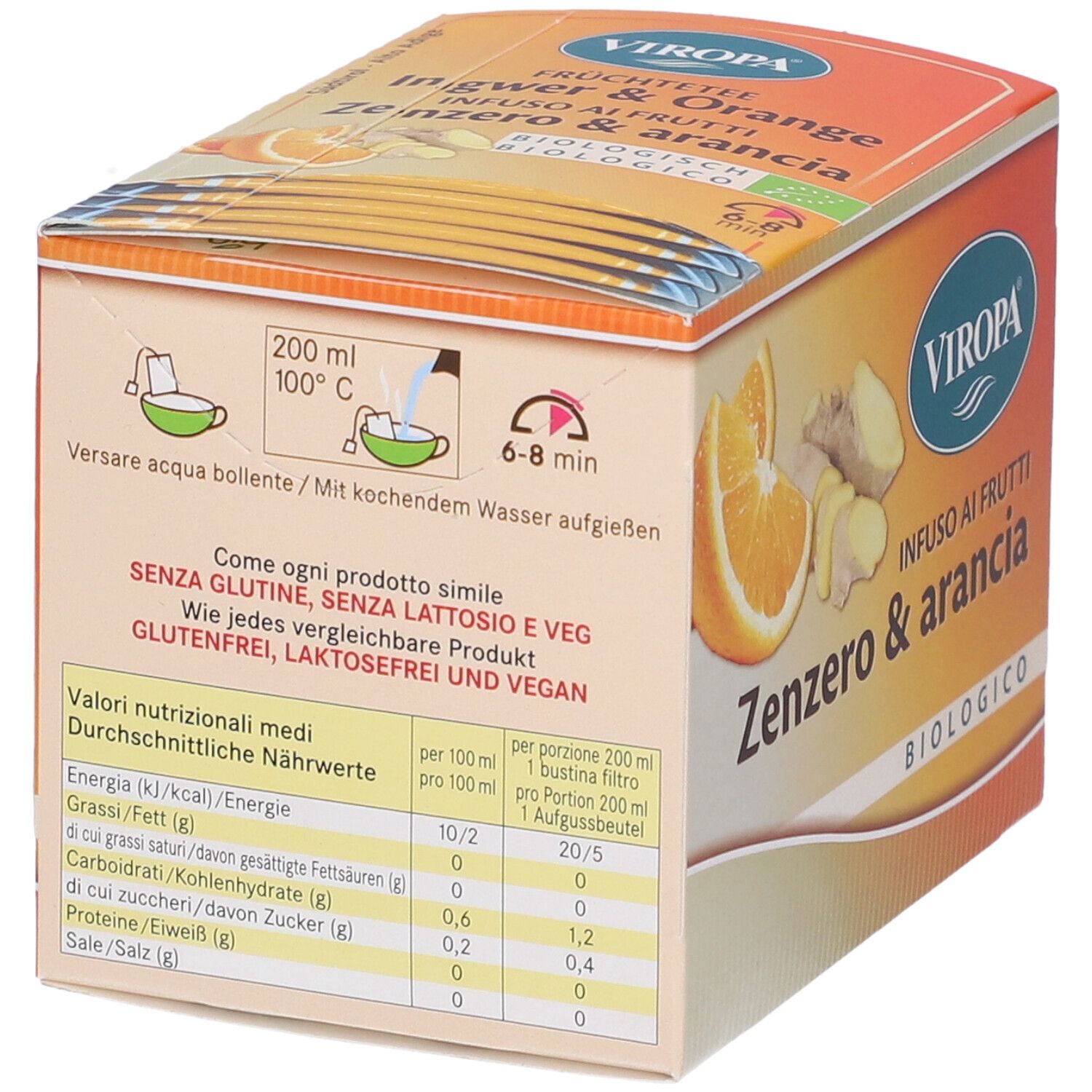 Retro della confezione Viropa Infuso Zenzero & Arancia Biologico Filtri. Informazioni nutrizionali e istruzioni. Testo: senza glutine, senza lattosio.