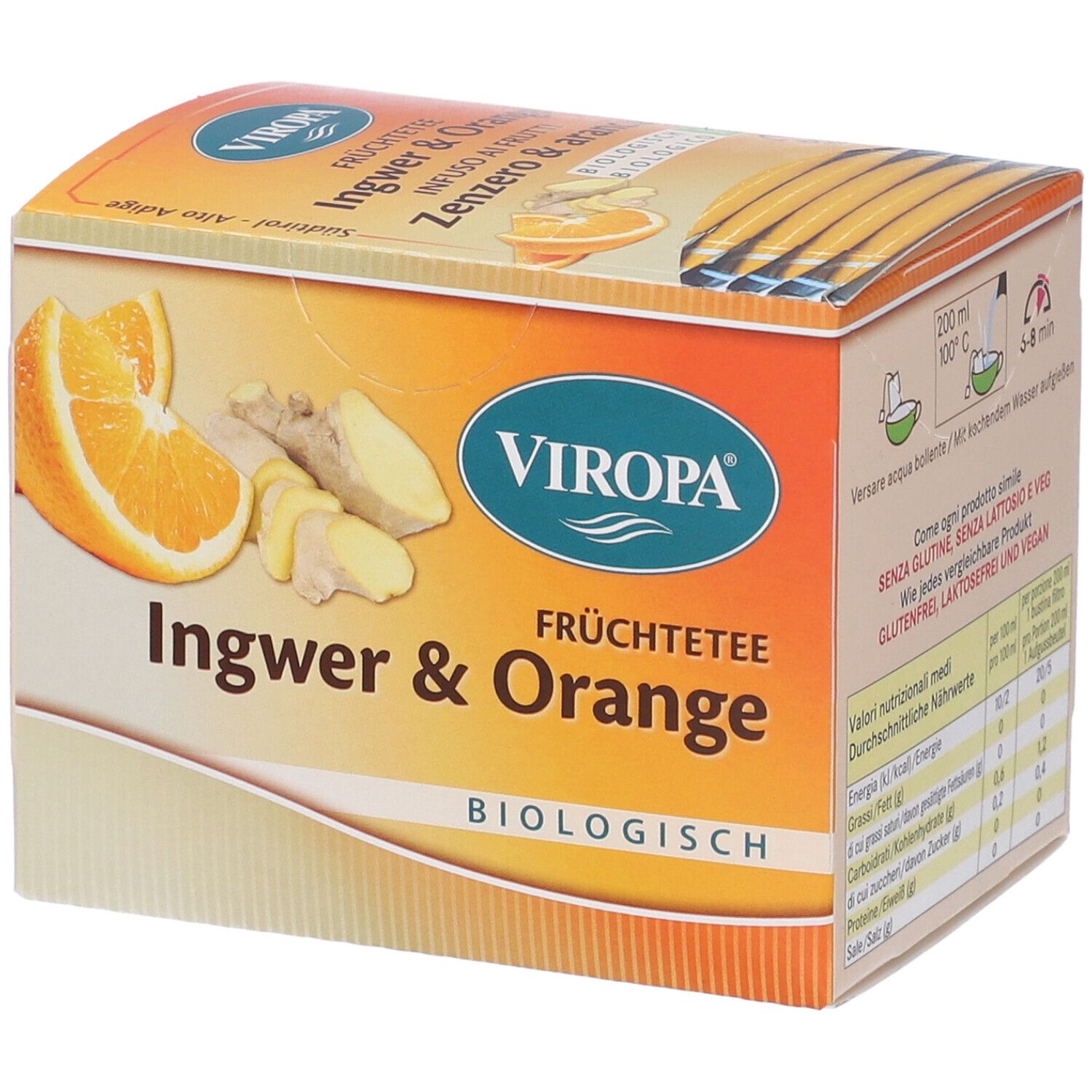 Confezione di Viropa Ingwer & Orange Früchtetee Biologisch. Immagine di arancia e zenzero. Testo: Ingwer & Orange, biologisch.