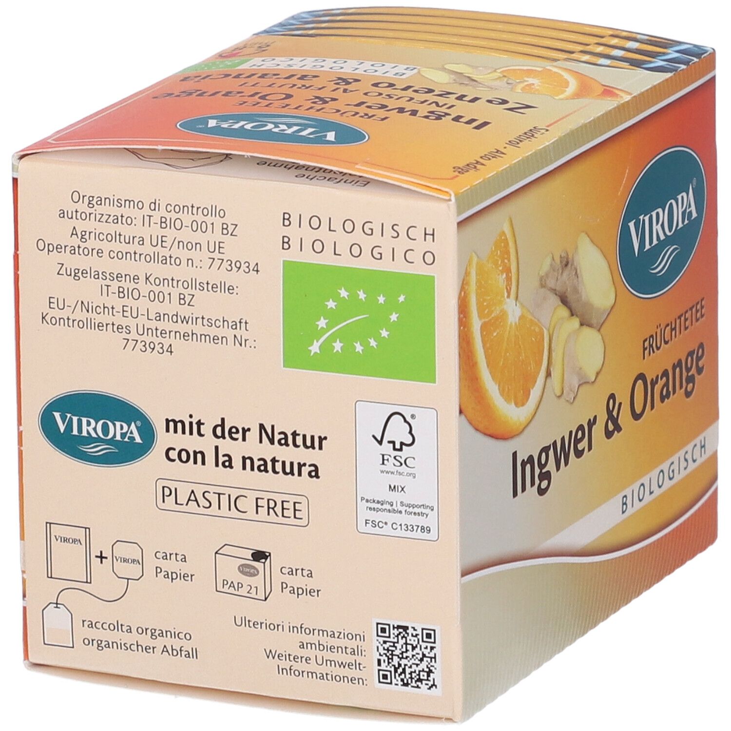 Retro della confezione Viropa Ingwer & Orange Früchtetee Biologisch. Testo: biologisch, FSC Mix, Plastic Free. Sigillo bio UE.