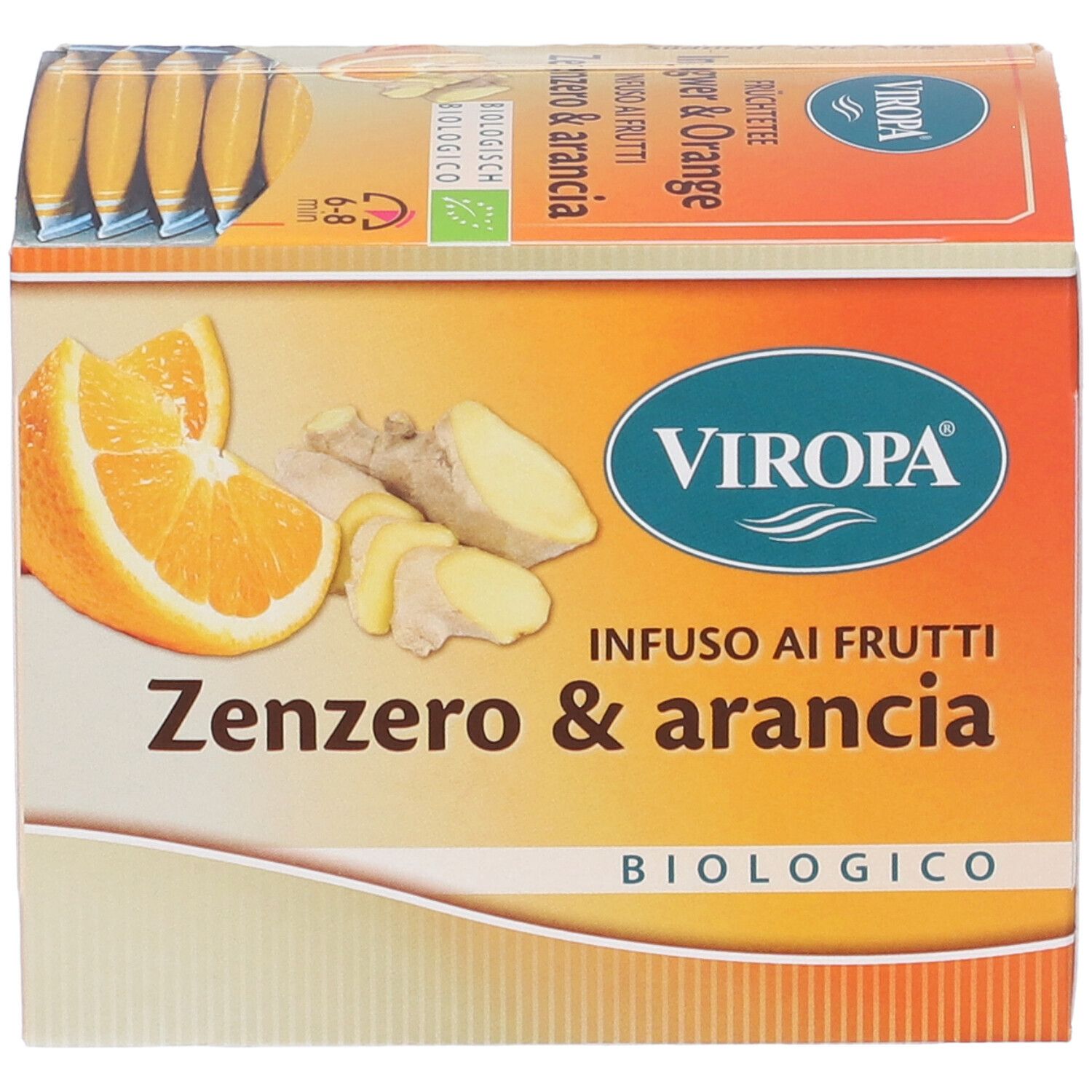 Confezione di Viropa Infuso Zenzero & arancia. Immagine di arancia e zenzero. Testo: Zenzero & arancia, biologico.