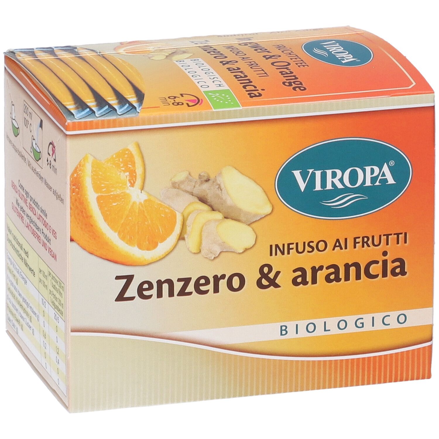 Confezione di Viropa Infuso Zenzero & arancia. Immagine di arancia e zenzero. Testo: Zenzero & arancia, biologico.