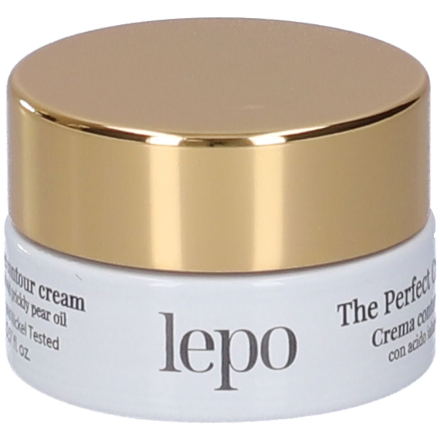 Vasetto di crema con coperchio dorato. Scritta: LEPO, The Perfect Cream - Eye Contour. Contenitore bianco.