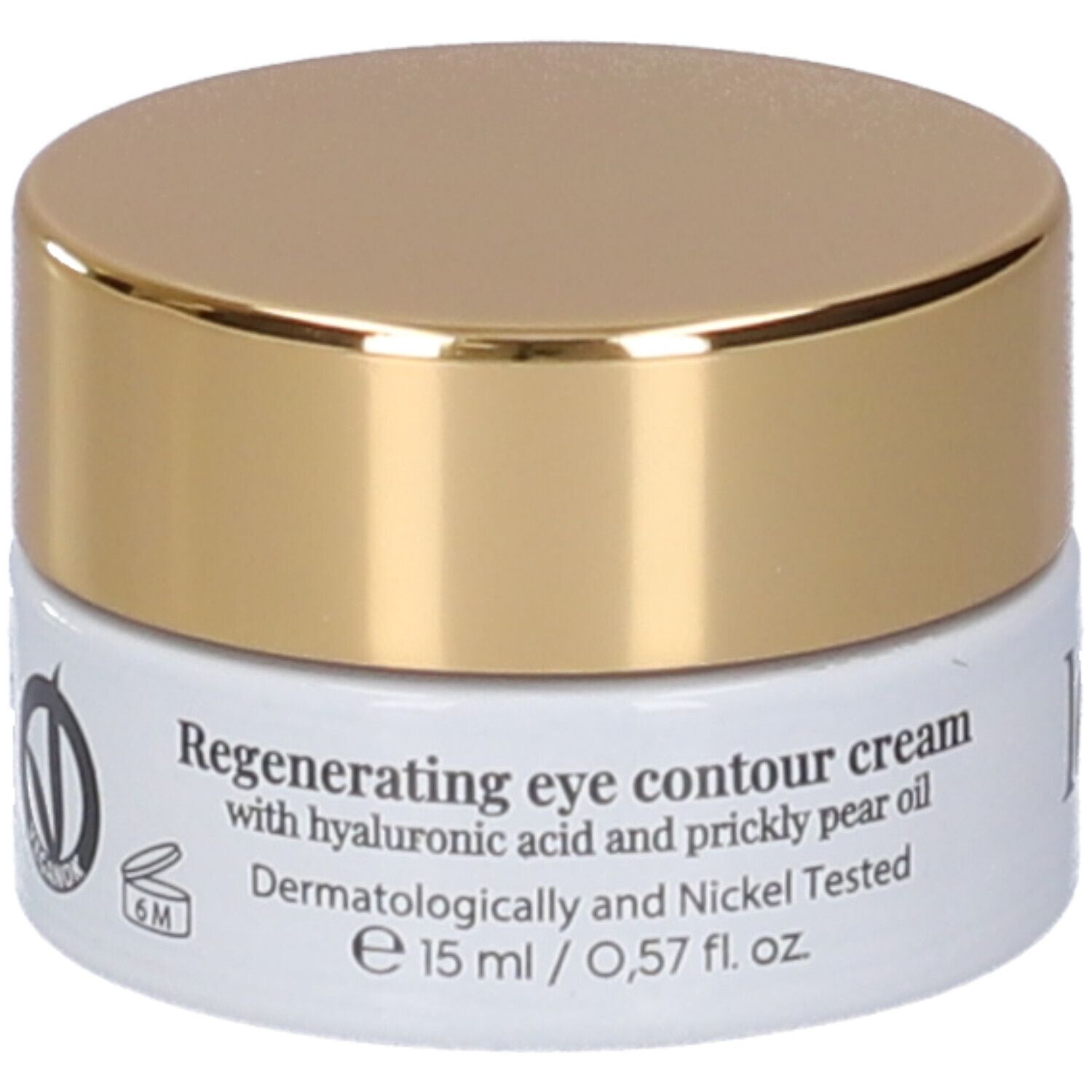 Vasetto di crema con coperchio dorato. Scritta: LEPO, The Perfect Cream - Eye Contour. Contenitore bianco.