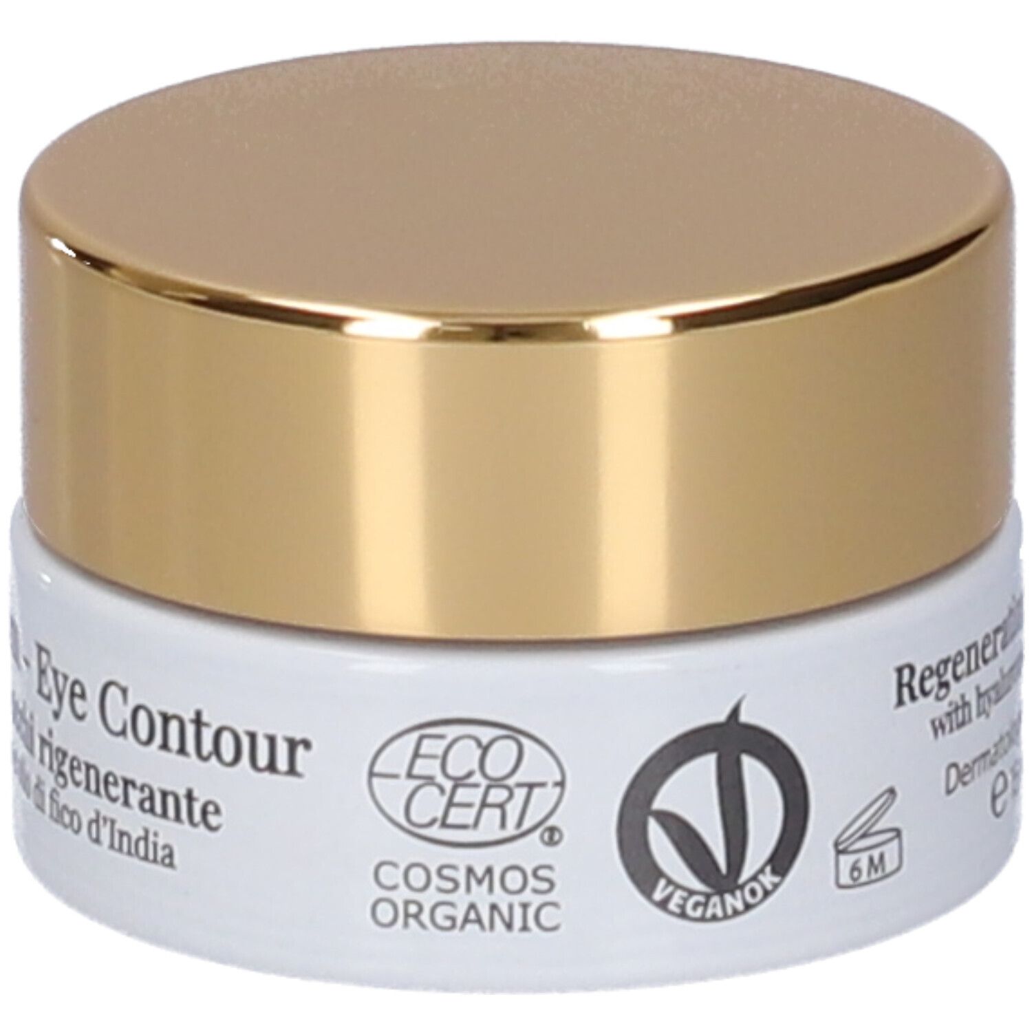 Vasetto di crema con coperchio dorato. Scritta: LEPO, The Perfect Cream - Eye Contour. Contenitore bianco.