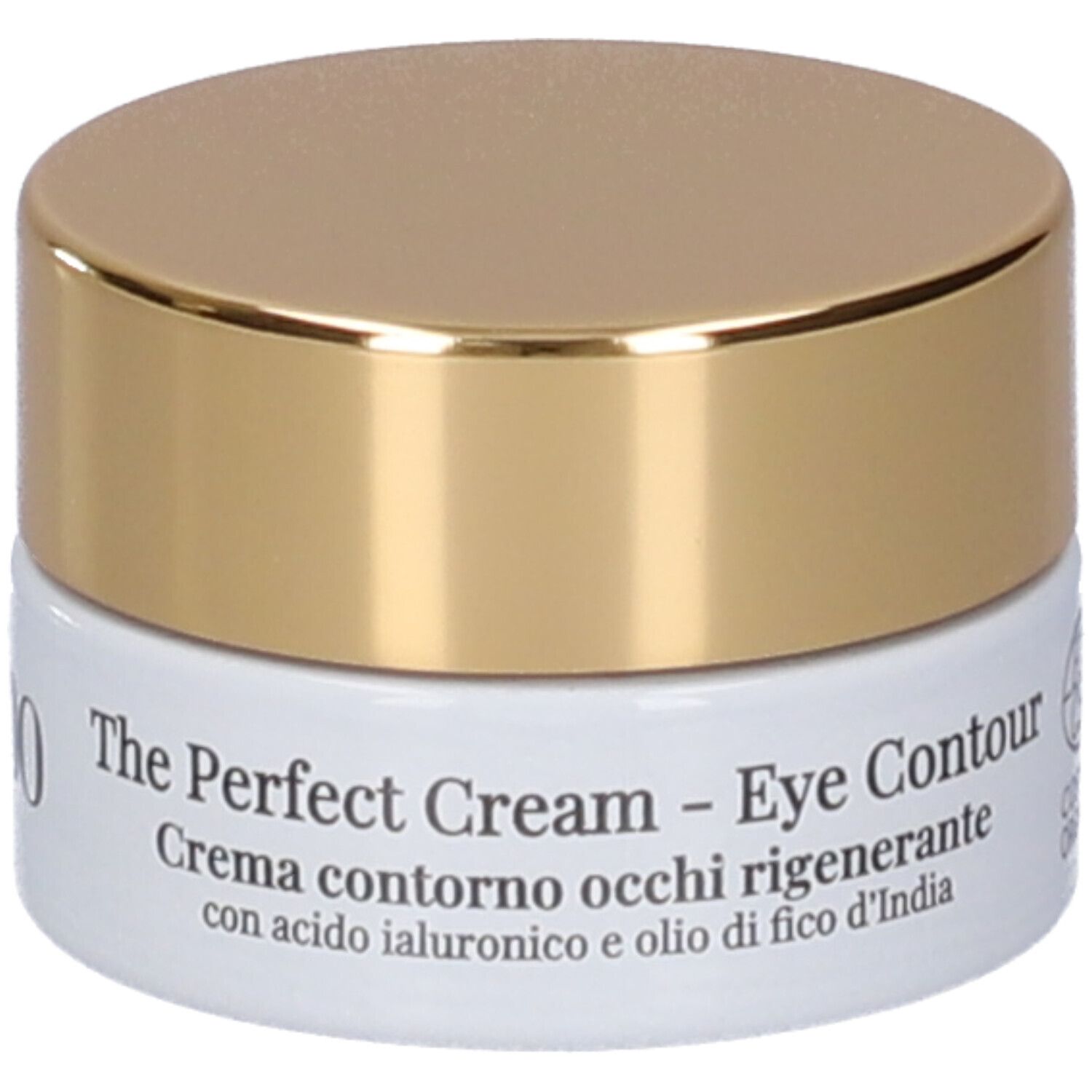 Vasetto di crema con coperchio dorato. Scritta: LEPO, The Perfect Cream - Eye Contour. Contenitore bianco.