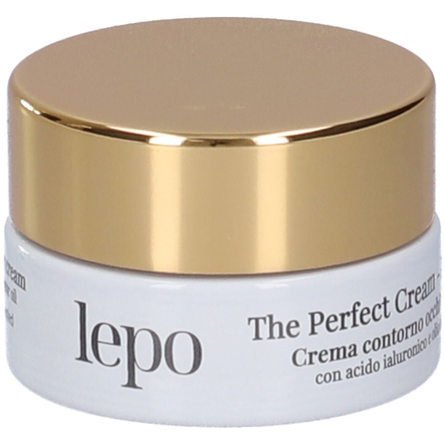 Vasetto di crema con coperchio dorato. Scritta: LEPO, The Perfect Cream - Eye Contour. Contenitore bianco.