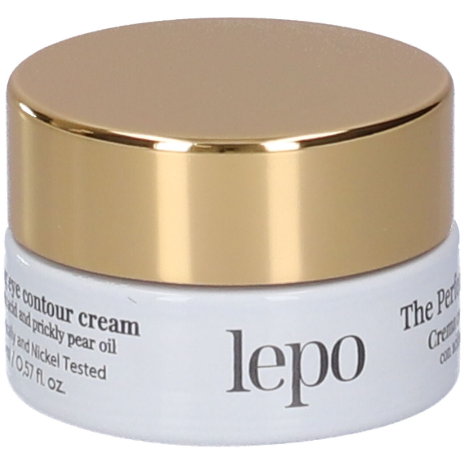 Vasetto di crema con coperchio dorato. Scritta: LEPO, The Perfect Cream - Eye Contour. Contenitore bianco.