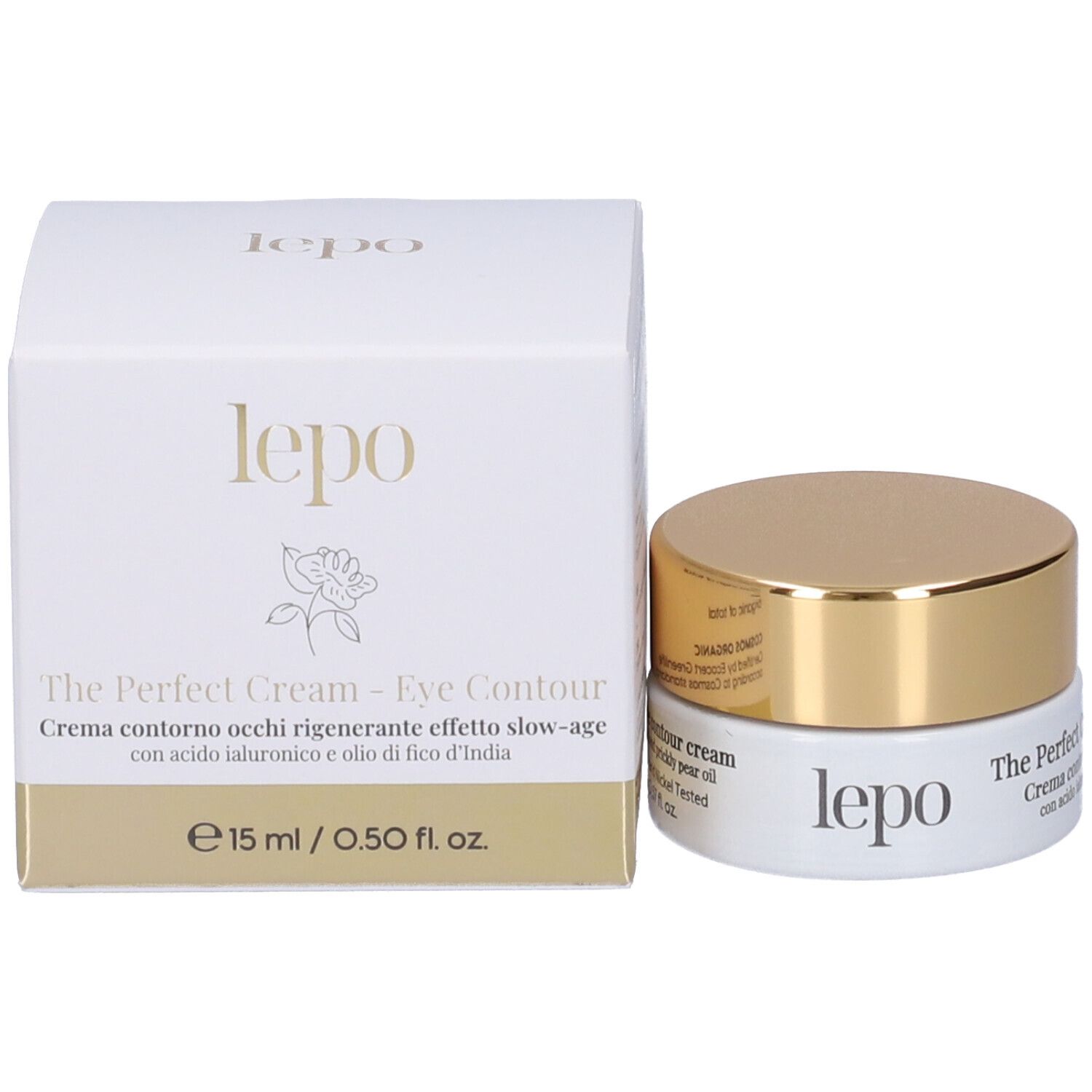 Vasetto di crema con coperchio dorato. Scritta: LEPO, The Perfect Cream - Eye Contour. Contenitore bianco.