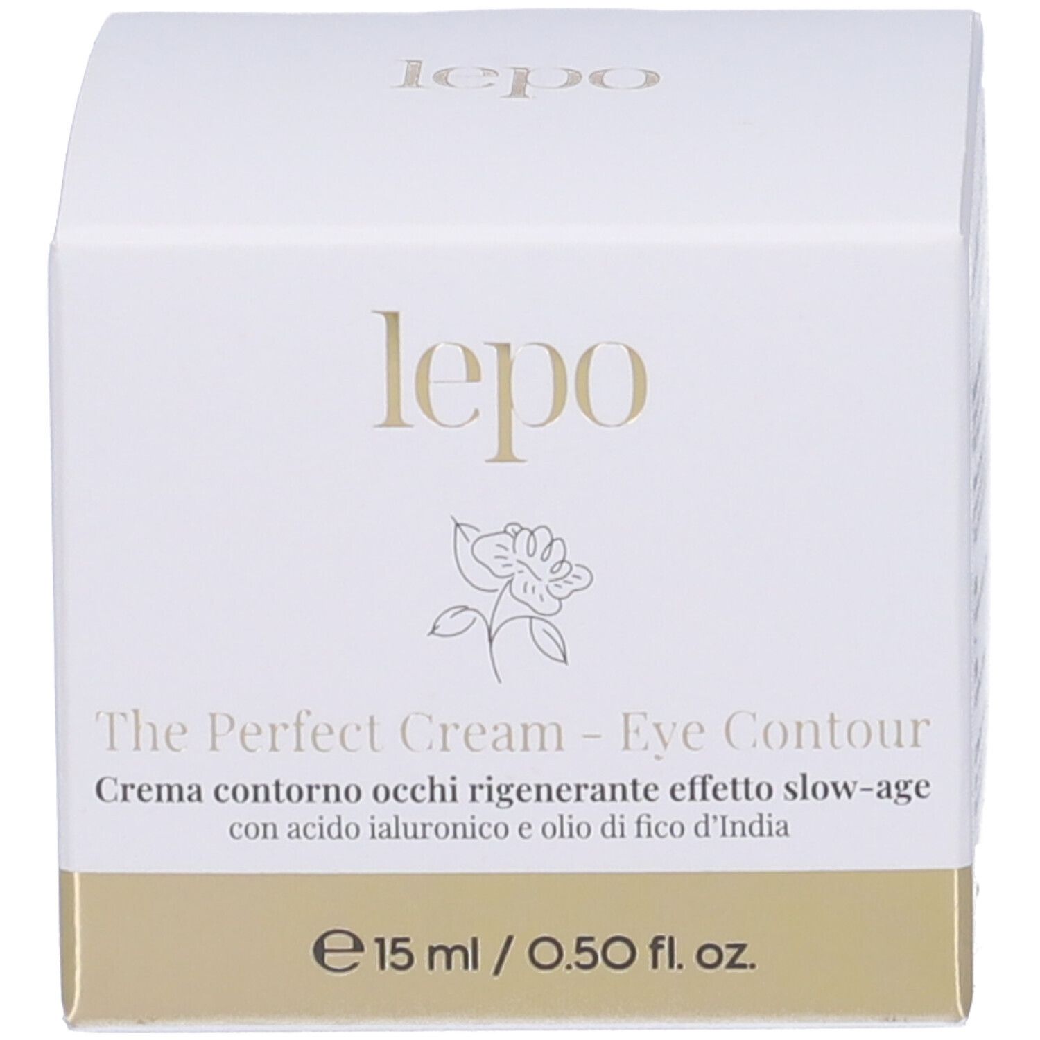 Vasetto di crema e confezione. Scritta: LEPO, The Perfect Cream - Eye Contour. Bianco con dettagli dorati.