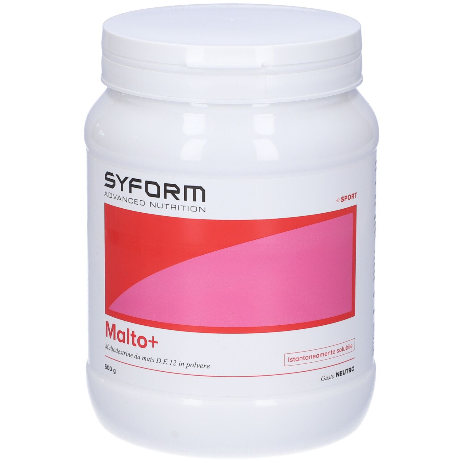 Contenitore bianco cilindrico con etichetta rossa e rosa. Scritta: Malto+, Syform, 500 g.