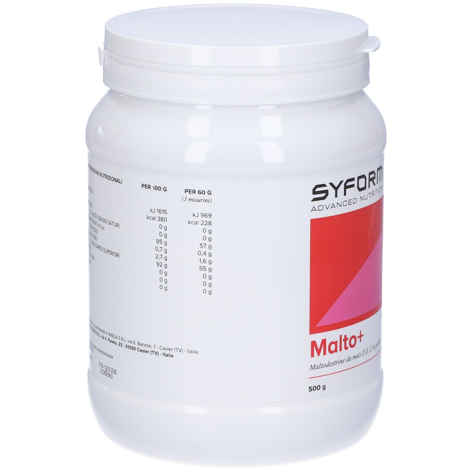 Contenitore bianco cilindrico con testo e informazioni nutrizionali. Scritta: Syform, Malto+, 500 g.