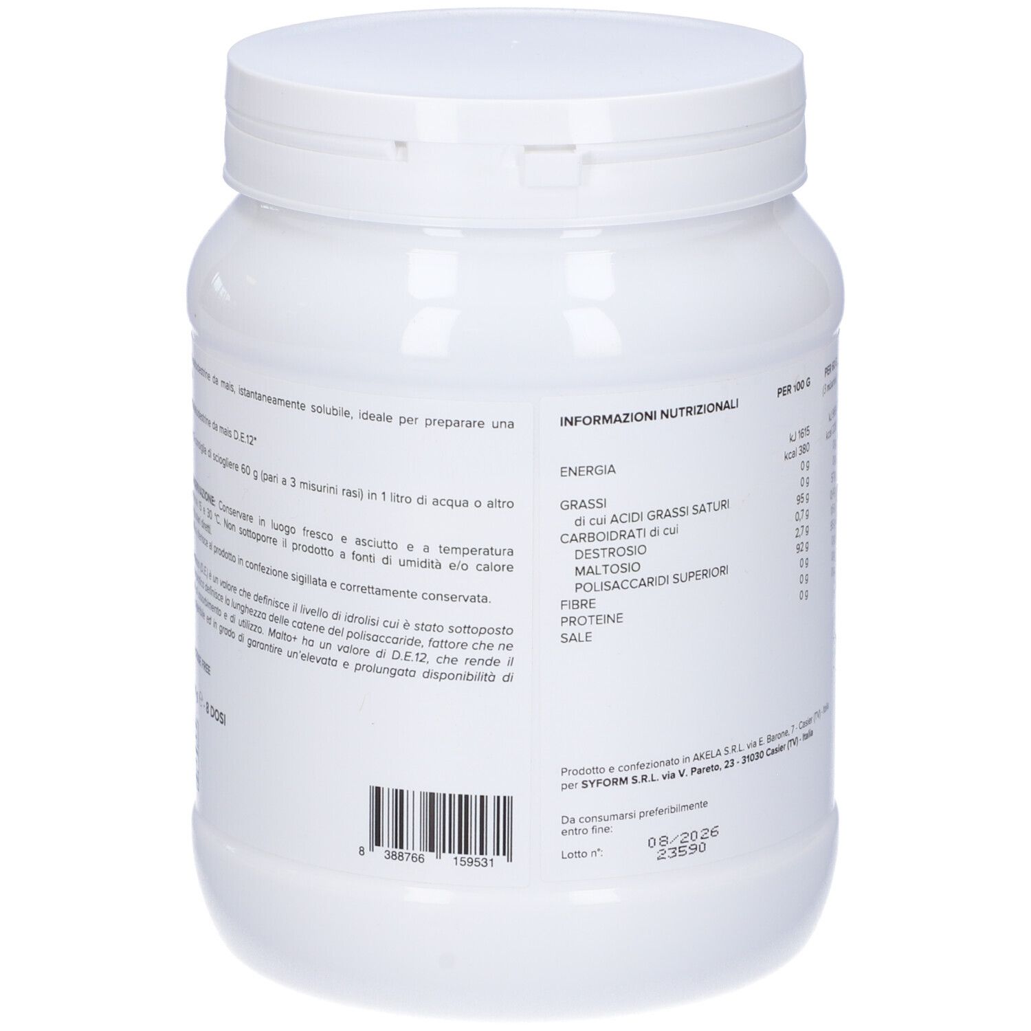 Contenitore bianco cilindrico con testo e informazioni nutrizionali. Scritta: Syform, Malto+, 500 g.