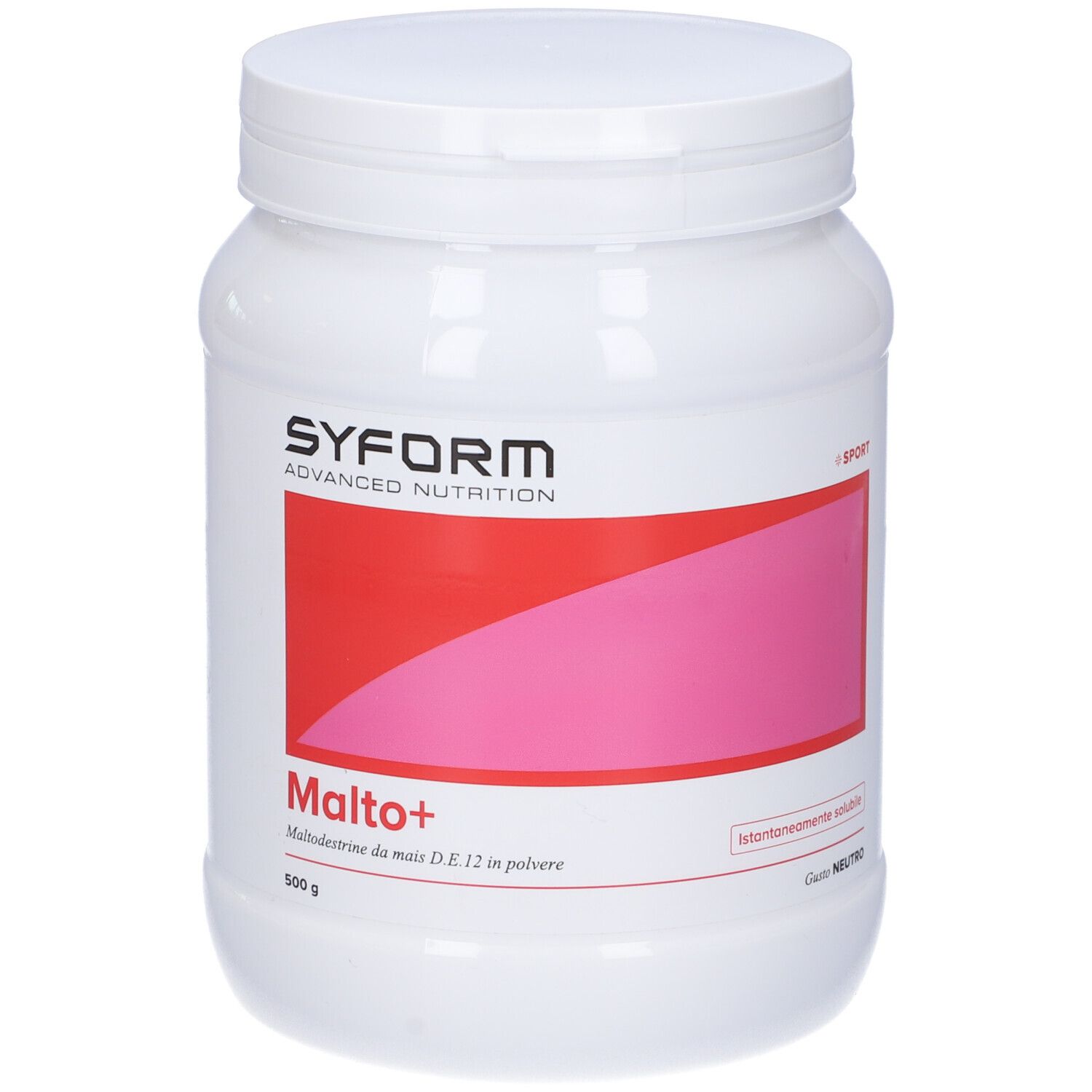 Contenitore bianco cilindrico con etichetta rossa e rosa. Scritta: Syform, Malto+, 500 g.