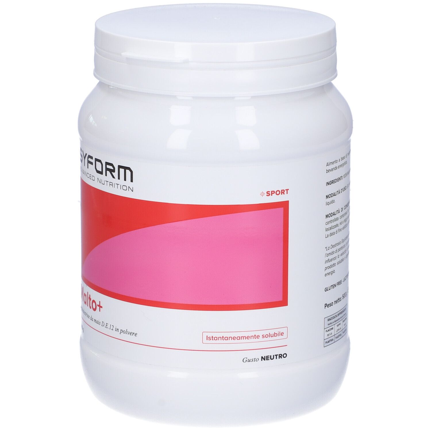 Contenitore bianco cilindrico con etichetta rossa e rosa. Scritta: Syform, Malto+, 500 g.