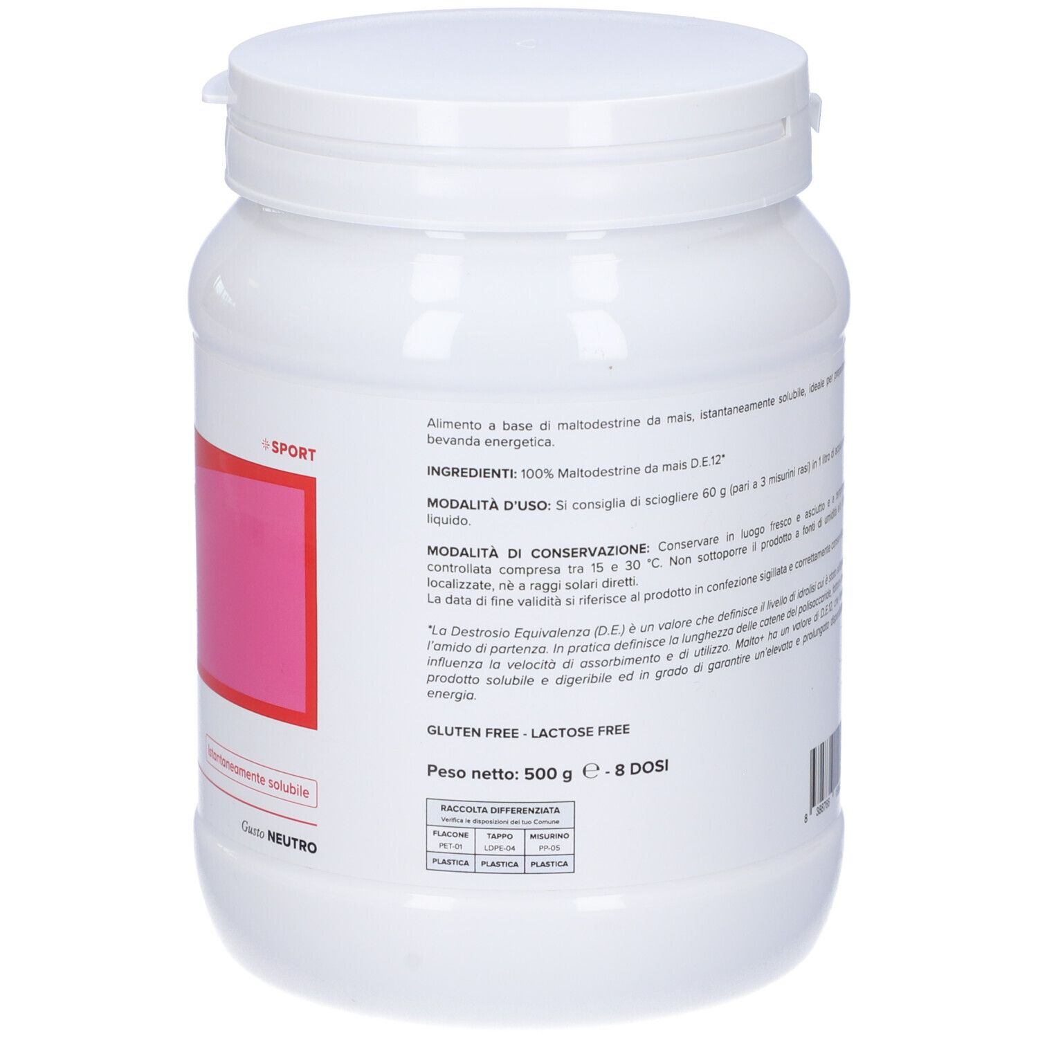 Contenitore bianco cilindrico con etichetta rossa e rosa. Scritta: Syform, Malto+, 500 g.