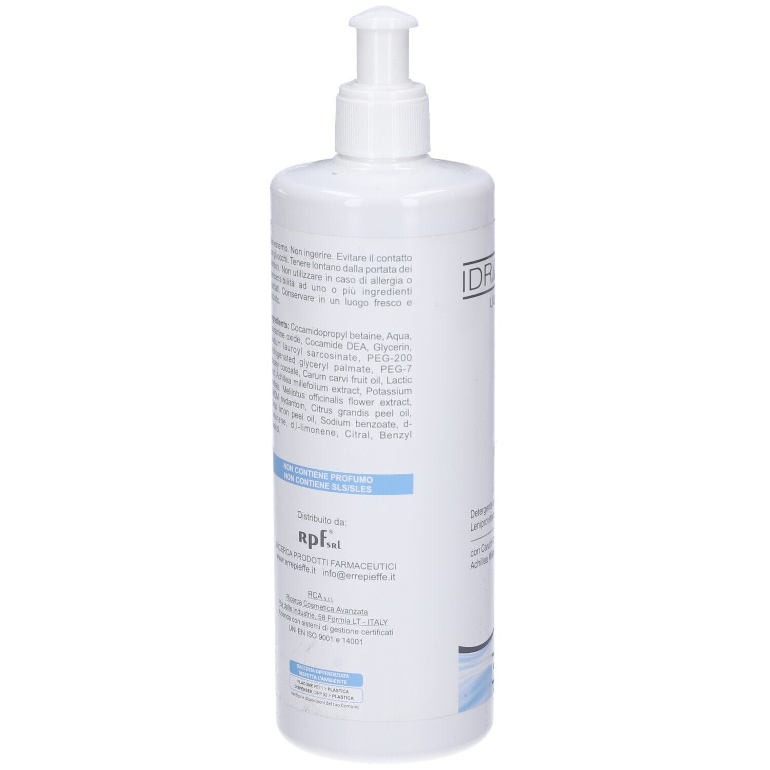 Retro del flacone bianco con testo. Ingredienti e informazioni del produttore.