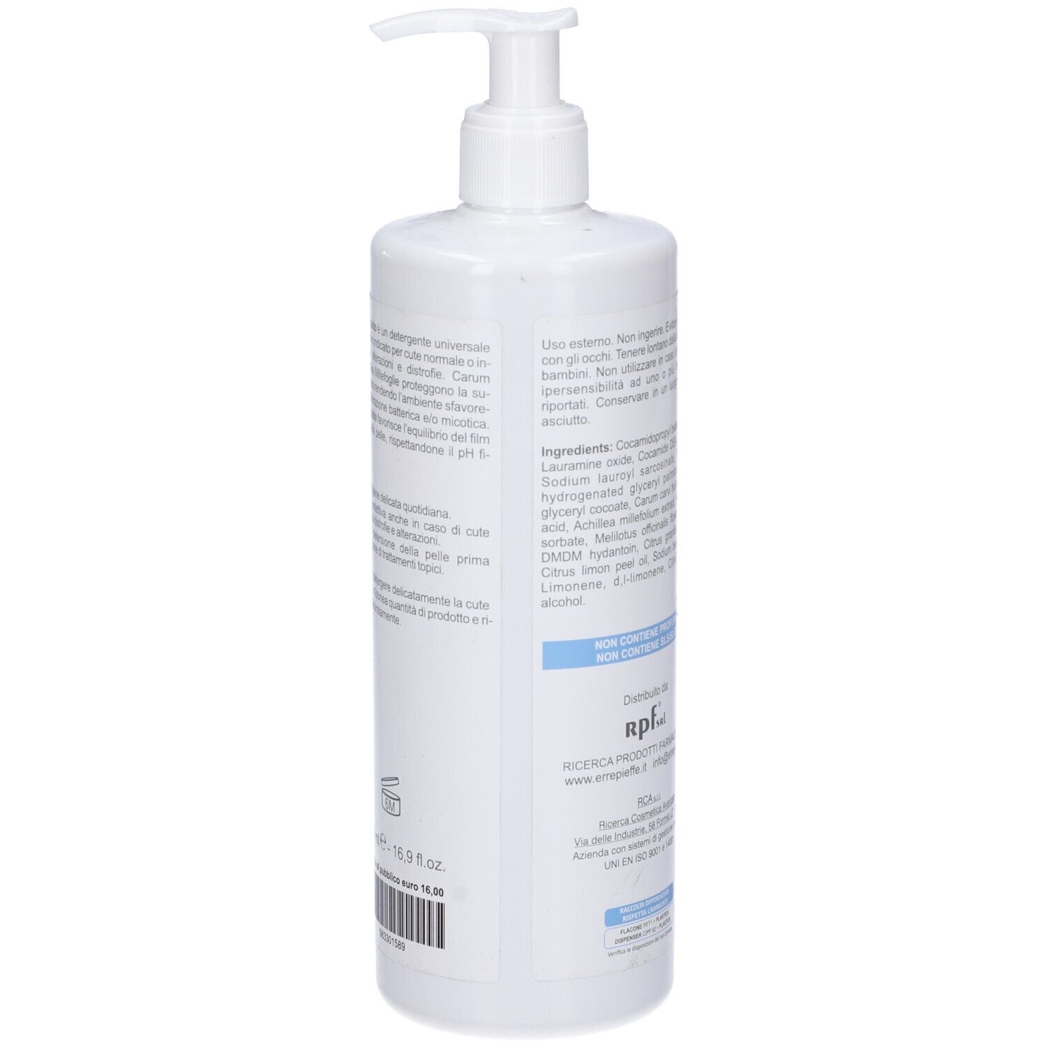 Retro del flacone bianco con testo. Ingredienti e informazioni del produttore.