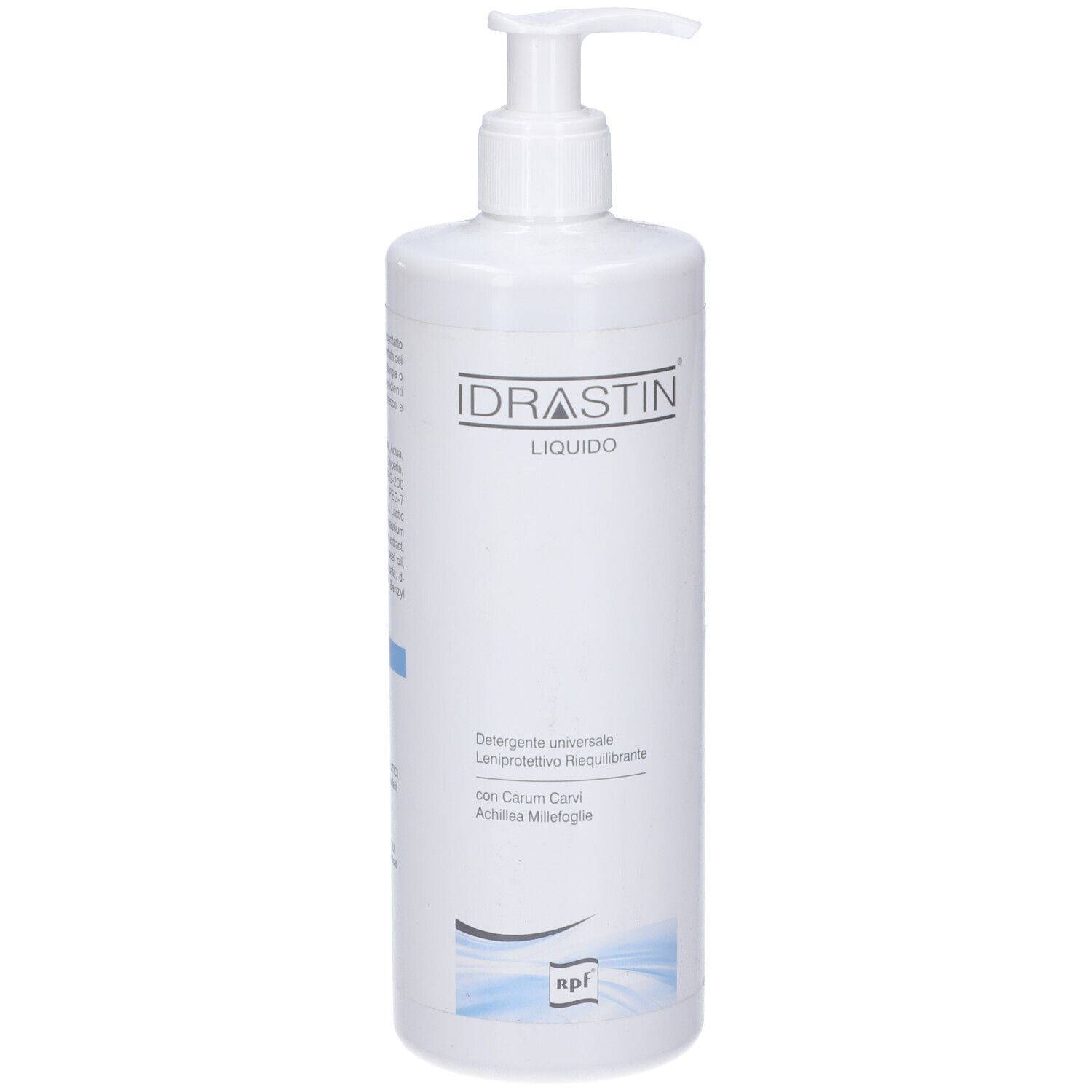 Flacone bianco con dosatore. Scritta: IDRASTIN LIQUIDO. Testo sottostante.