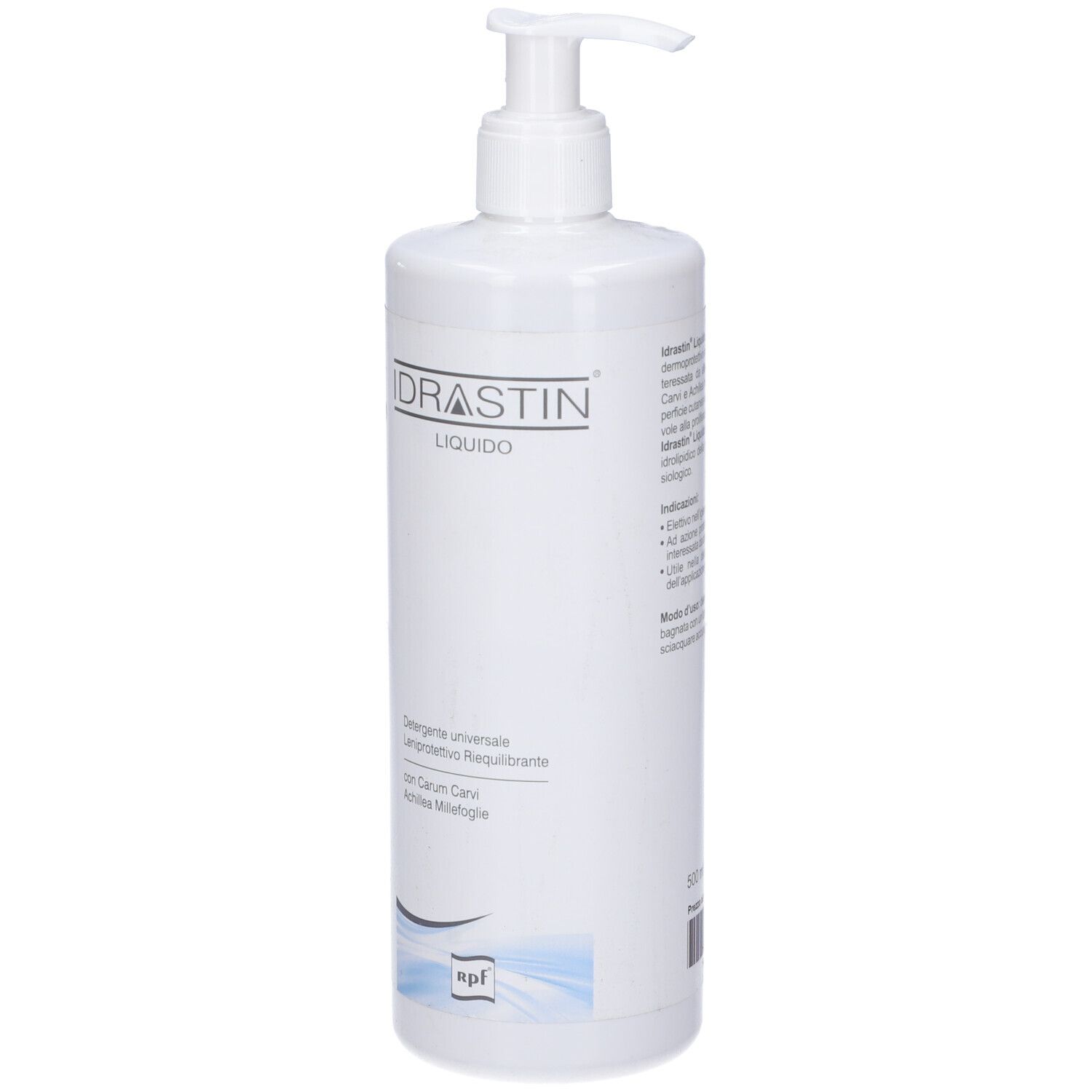 Flacone bianco con dosatore. Scritta: IDRASTIN LIQUIDO. Testo sottostante.