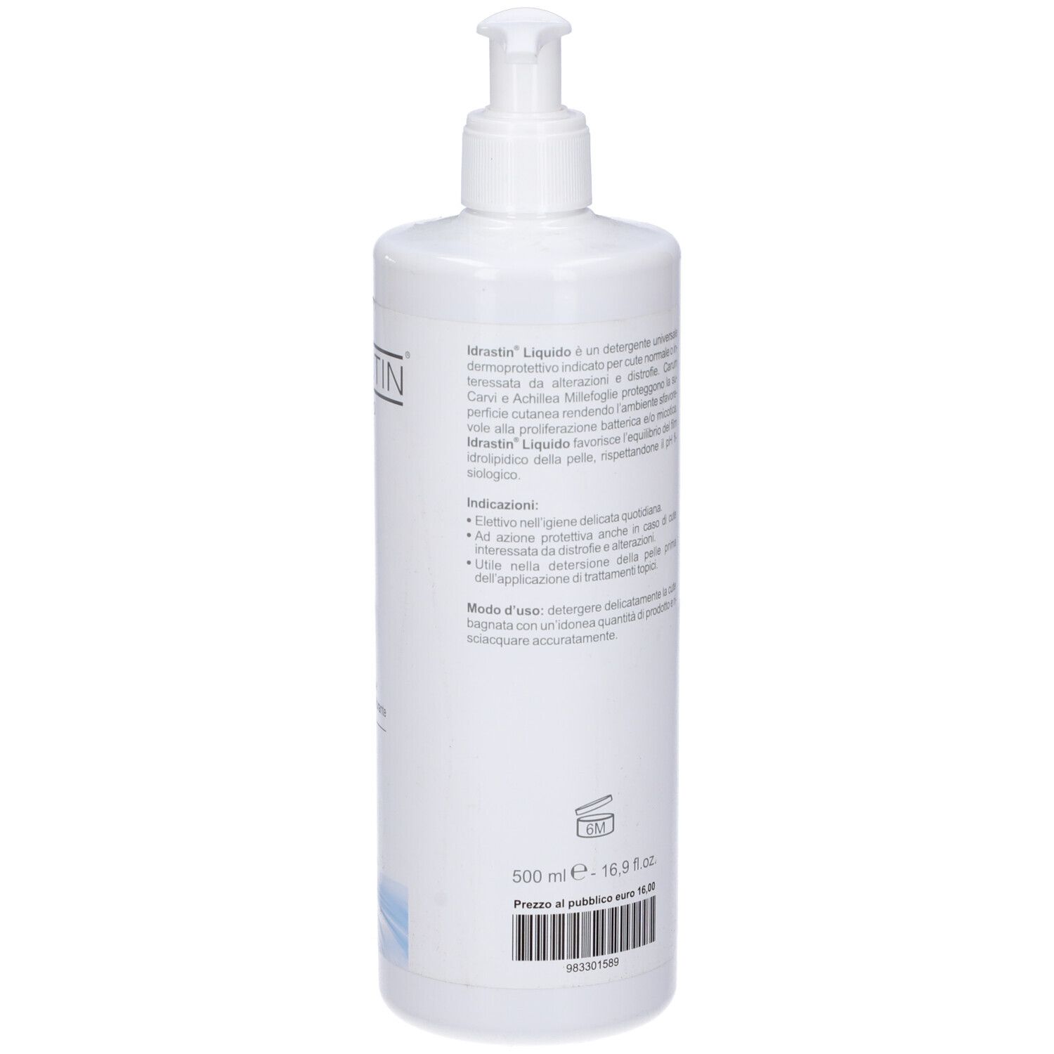 Retro del flacone bianco con testo. Informazioni sul prodotto e codice a barre.