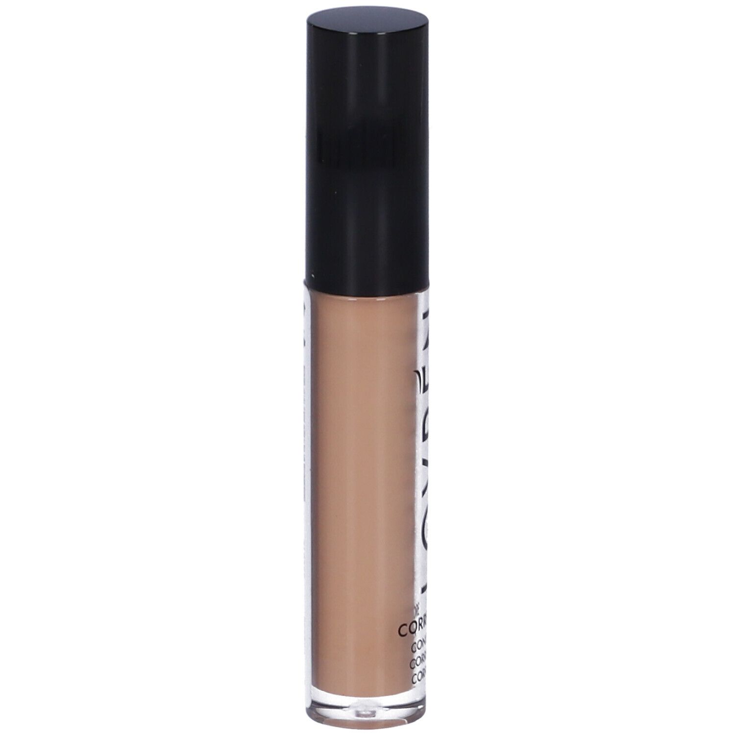 Correttore liquido in tubo trasparente con tappo nero. Colore: marrone chiaro.