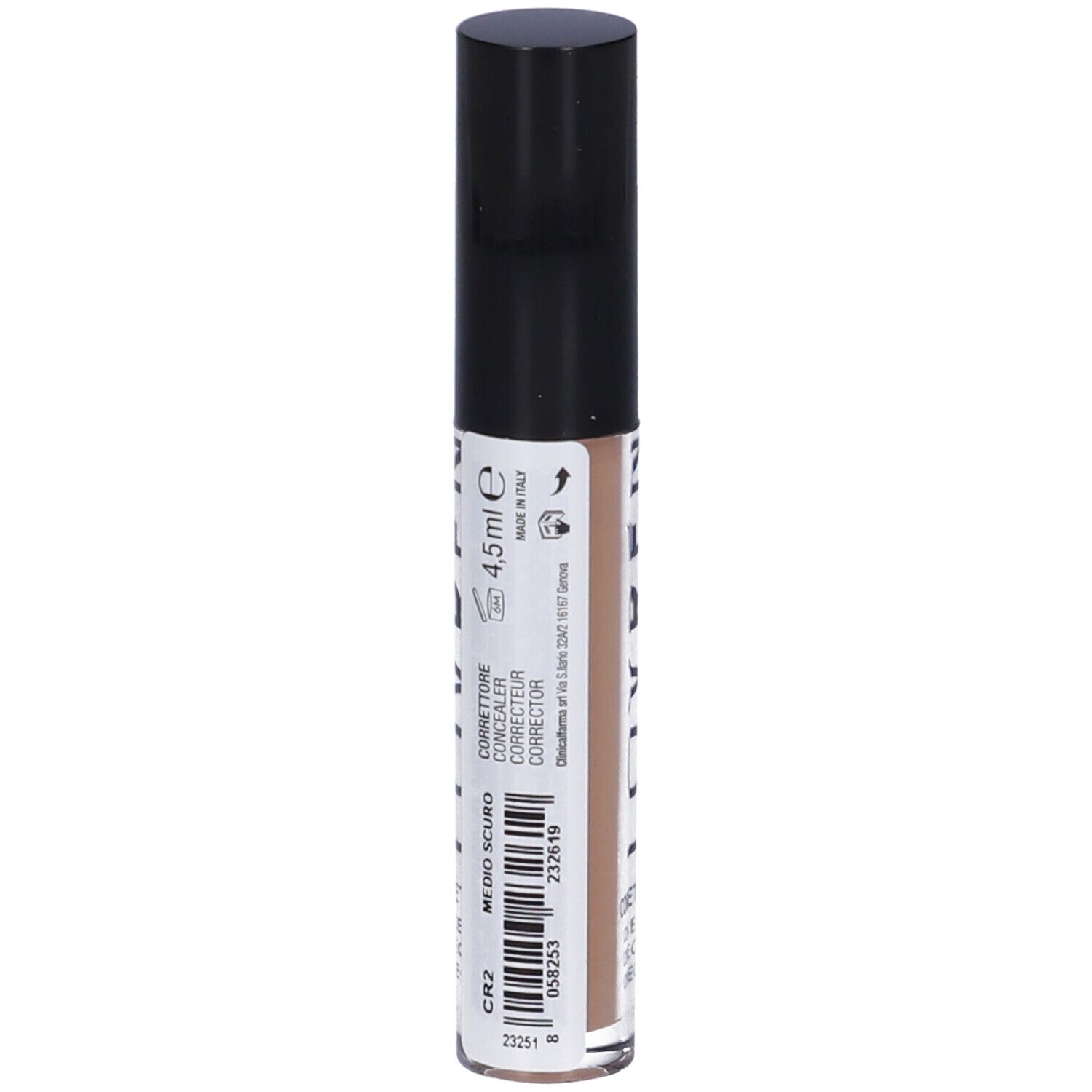 Retro di un correttore. Scritta: MEDIO SCURO, 4,5 ml. Con codice a barre e altre informazioni.
