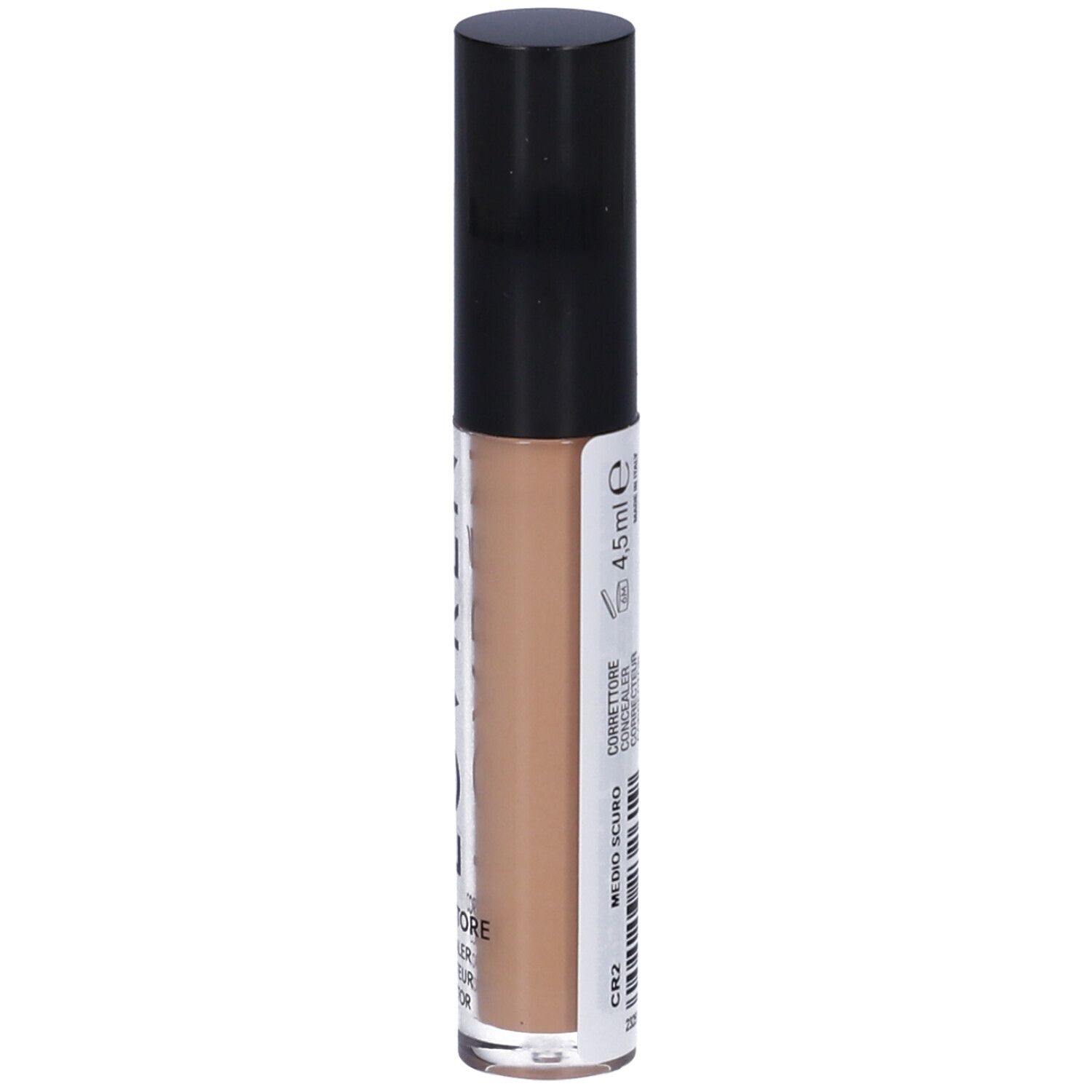 Retro di un correttore. Scritta: MEDIO SCURO, 4,5 ml. Con codice a barre e altre informazioni.