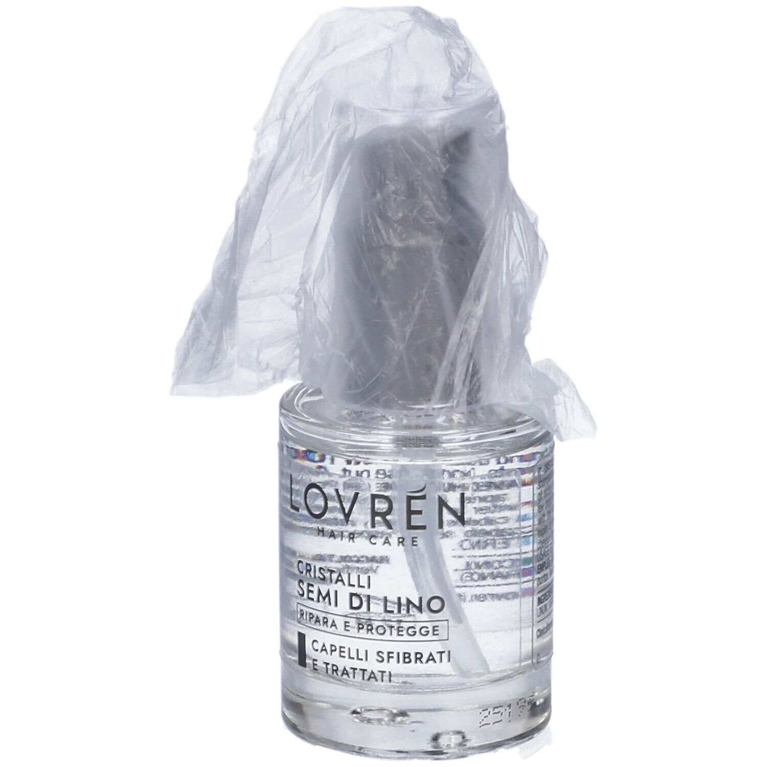 Flacone di vetro con liquido, parzialmente coperto da pellicola. Scritta: Lovren Hair Cristalli Semi Di Lino.