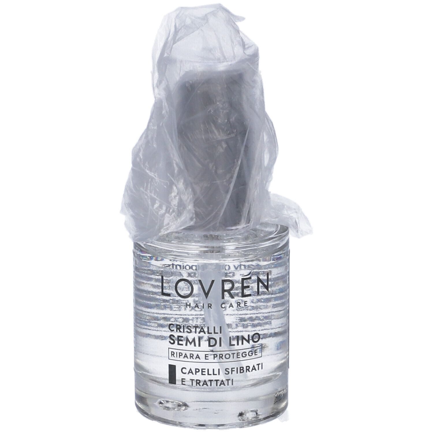 Flacone di vetro con liquido, parzialmente coperto da pellicola. Scritta: Lovren Hair Cristalli Semi Di Lino.