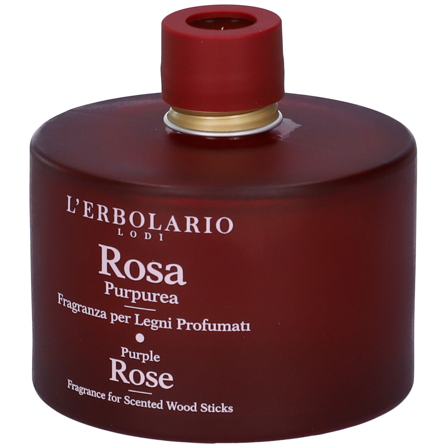 Flacone bordeaux rotondo con tappo rosso. Testo: L'Erbolario, Rosa Purpurea, Purple Rose, Fragranza.