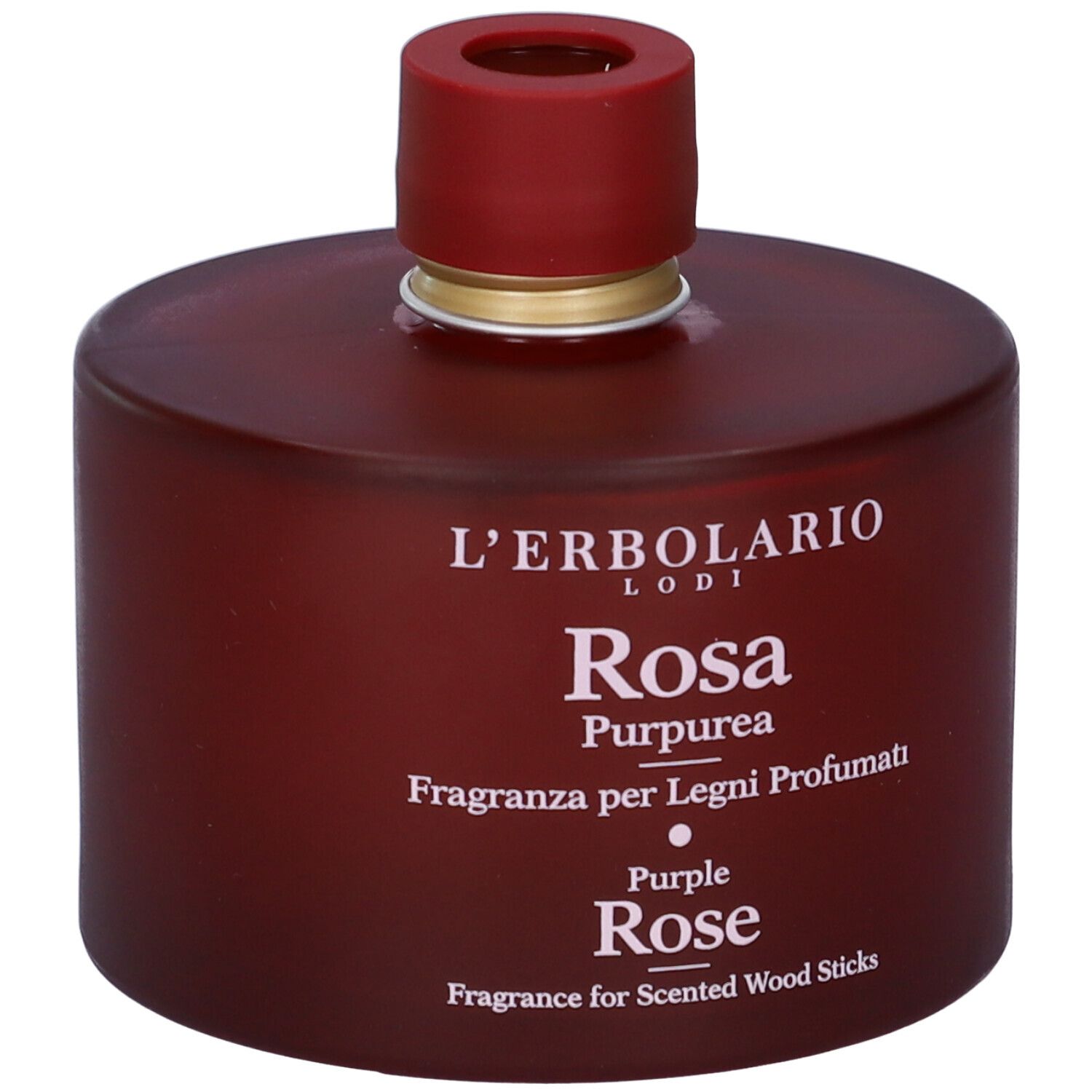 Flacone bordeaux rotondo con tappo rosso. Testo: L'Erbolario, Rosa Purpurea, Purple Rose, Fragranza.