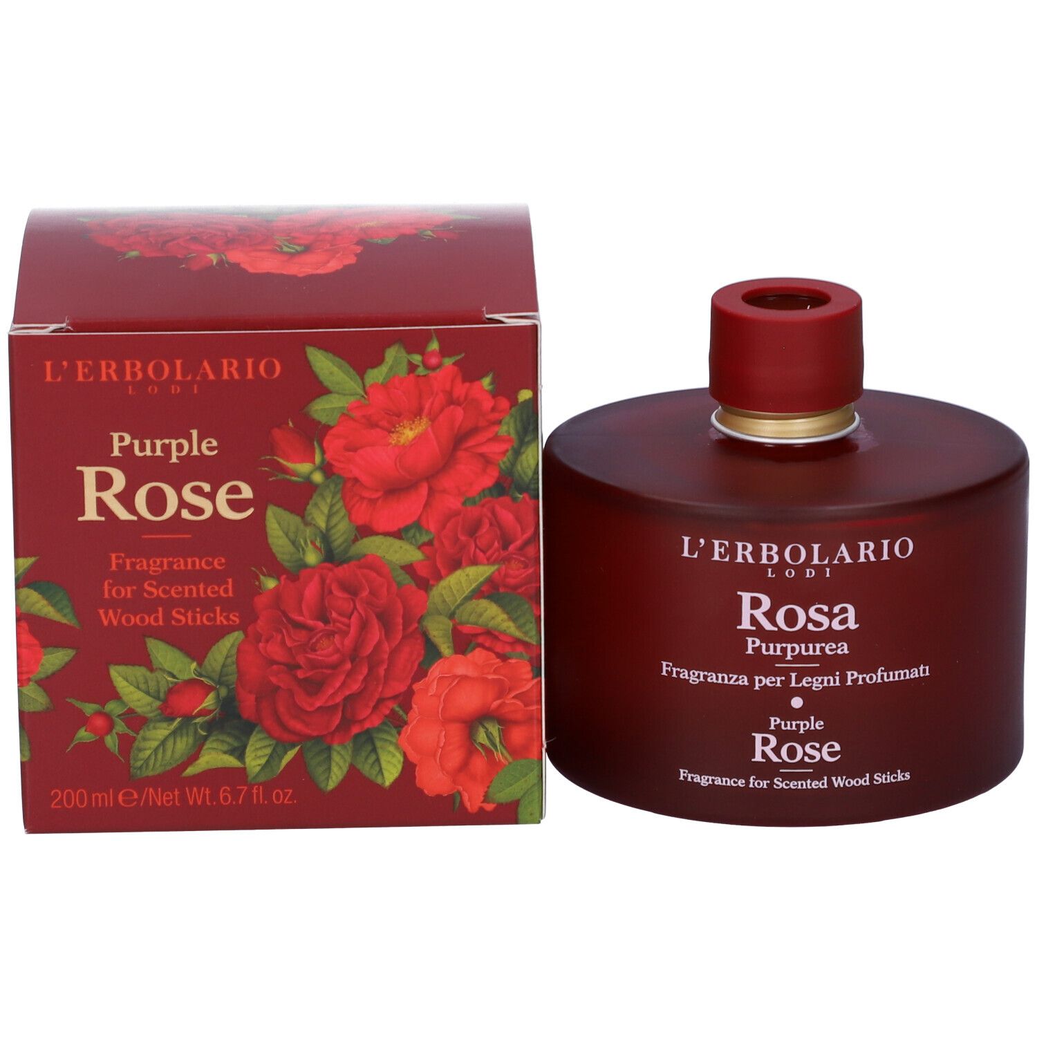 Flacone e scatola bordeaux. Scatola con immagine di rose. Testo: L'Erbolario, Purple Rose.