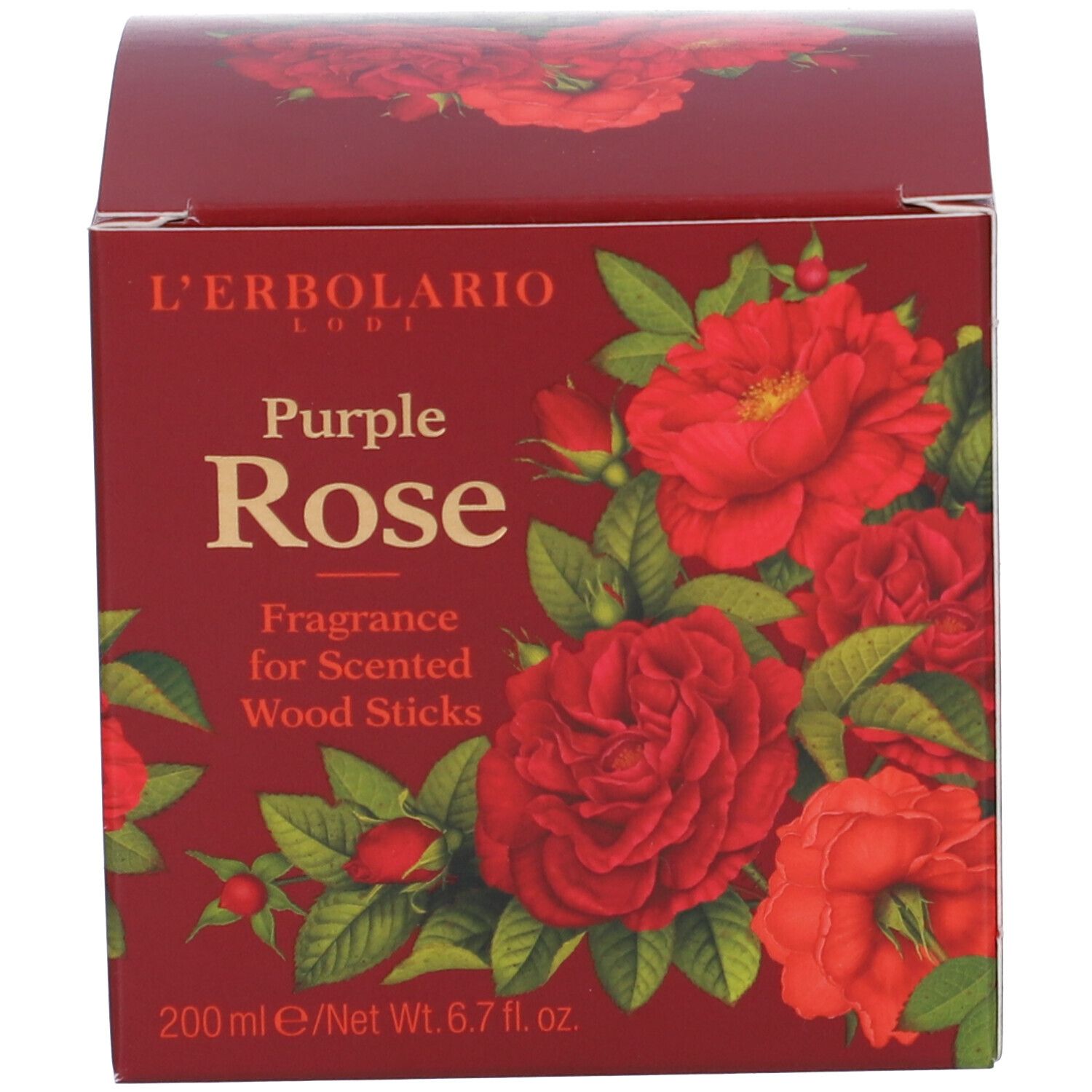 Scatola rossa con immagine di rose. Testo: L'Erbolario, Purple Rose, Fragrance for Scented Wood Sticks.