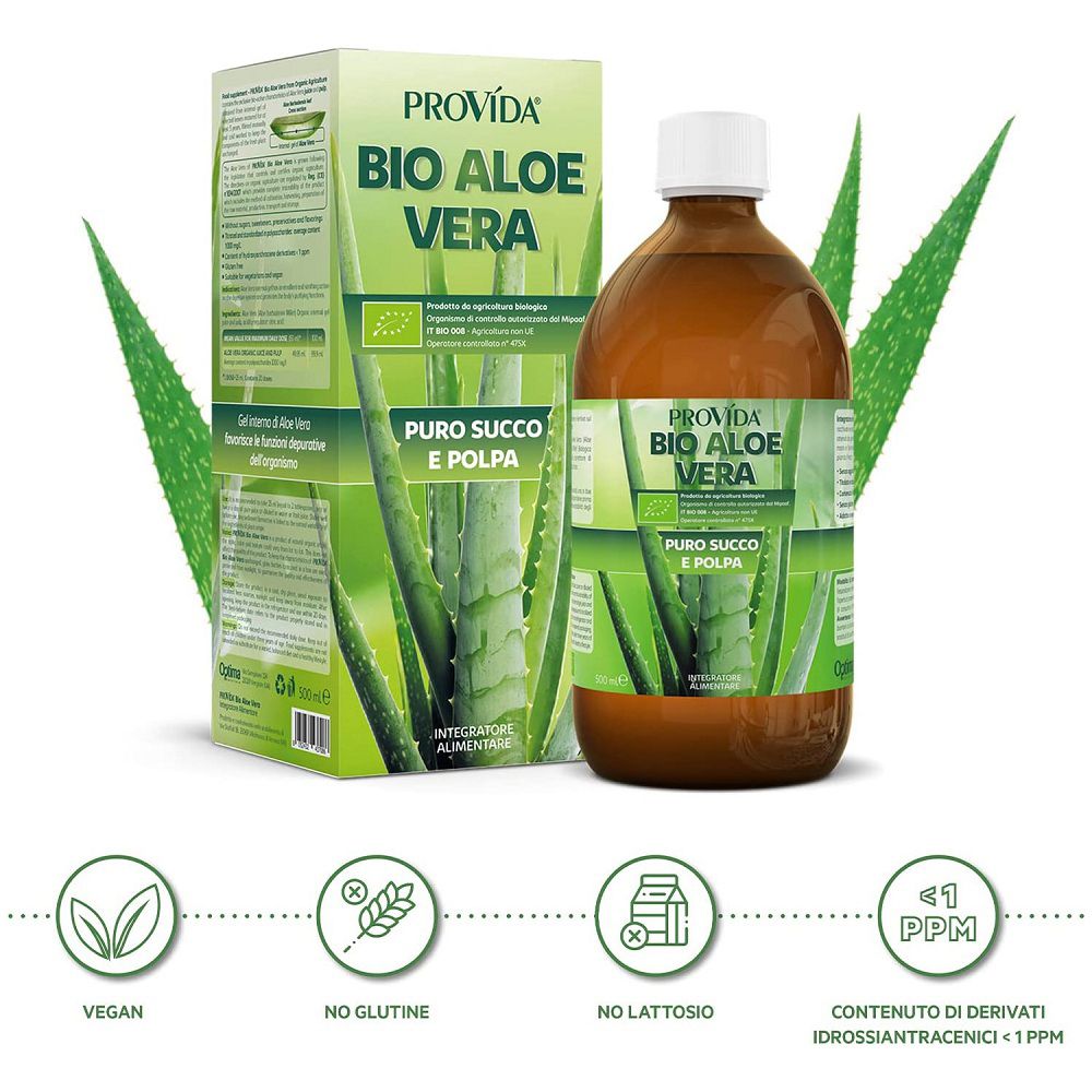 Succo e polpa di Bio Aloe Vera: vegano, senza glutine, senza lattosio.