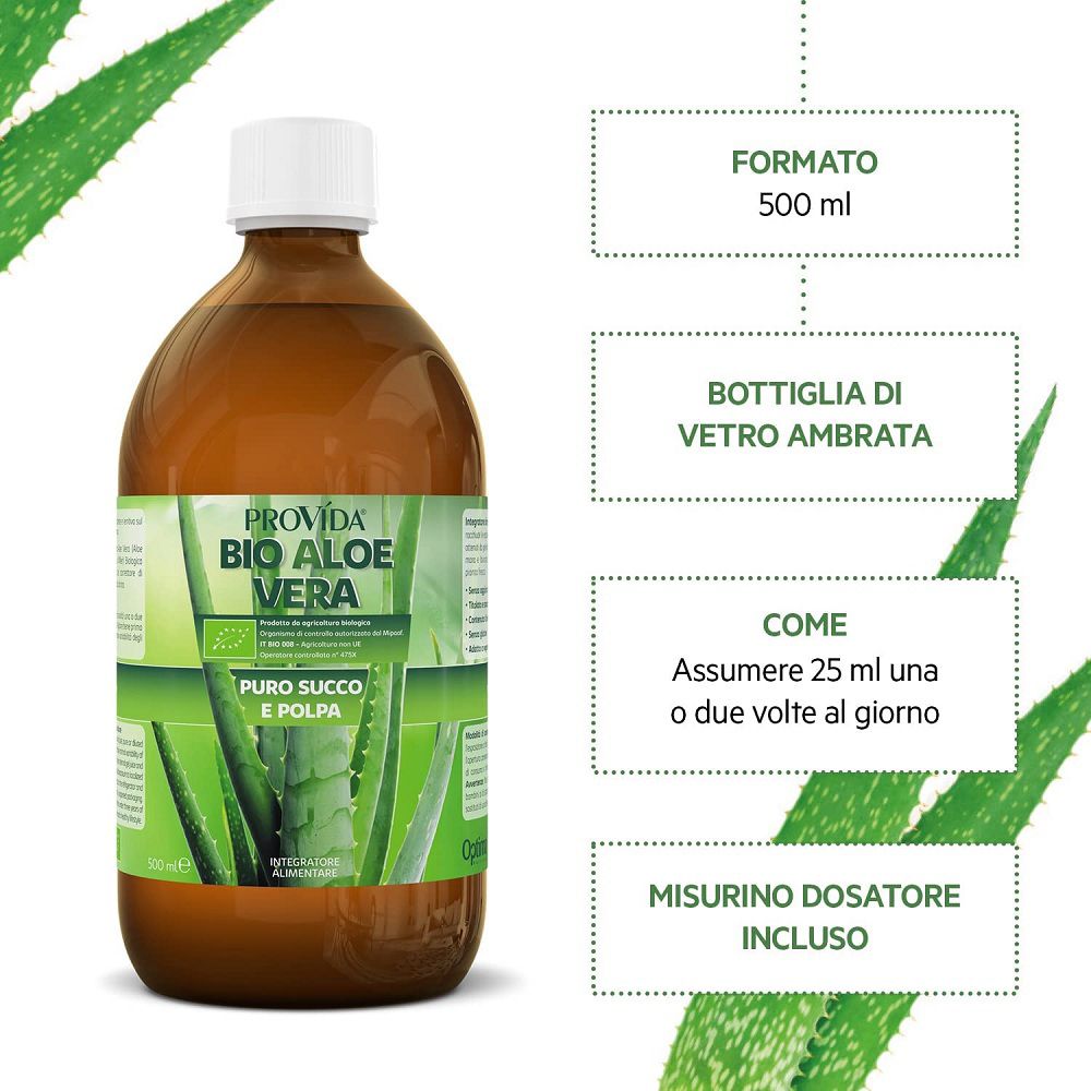 Succo di Bio Aloe Vera: flacone 500 ml, vetro ambrato, misurino incluso.