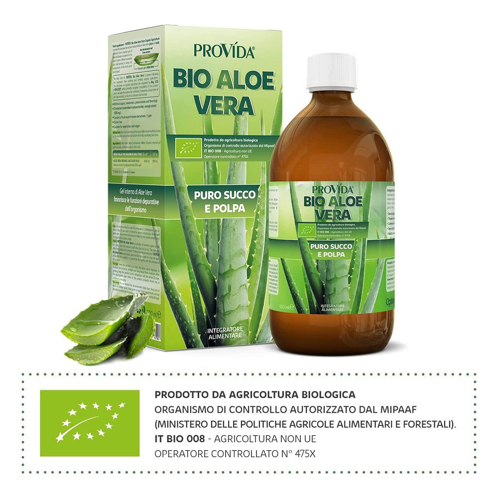 Succo e polpa di Bio Aloe Vera, marchio Bio UE.