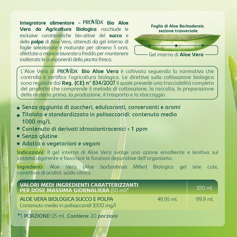 Succo di Bio Aloe Vera: descrizione ingredienti e valori nutrizionali.